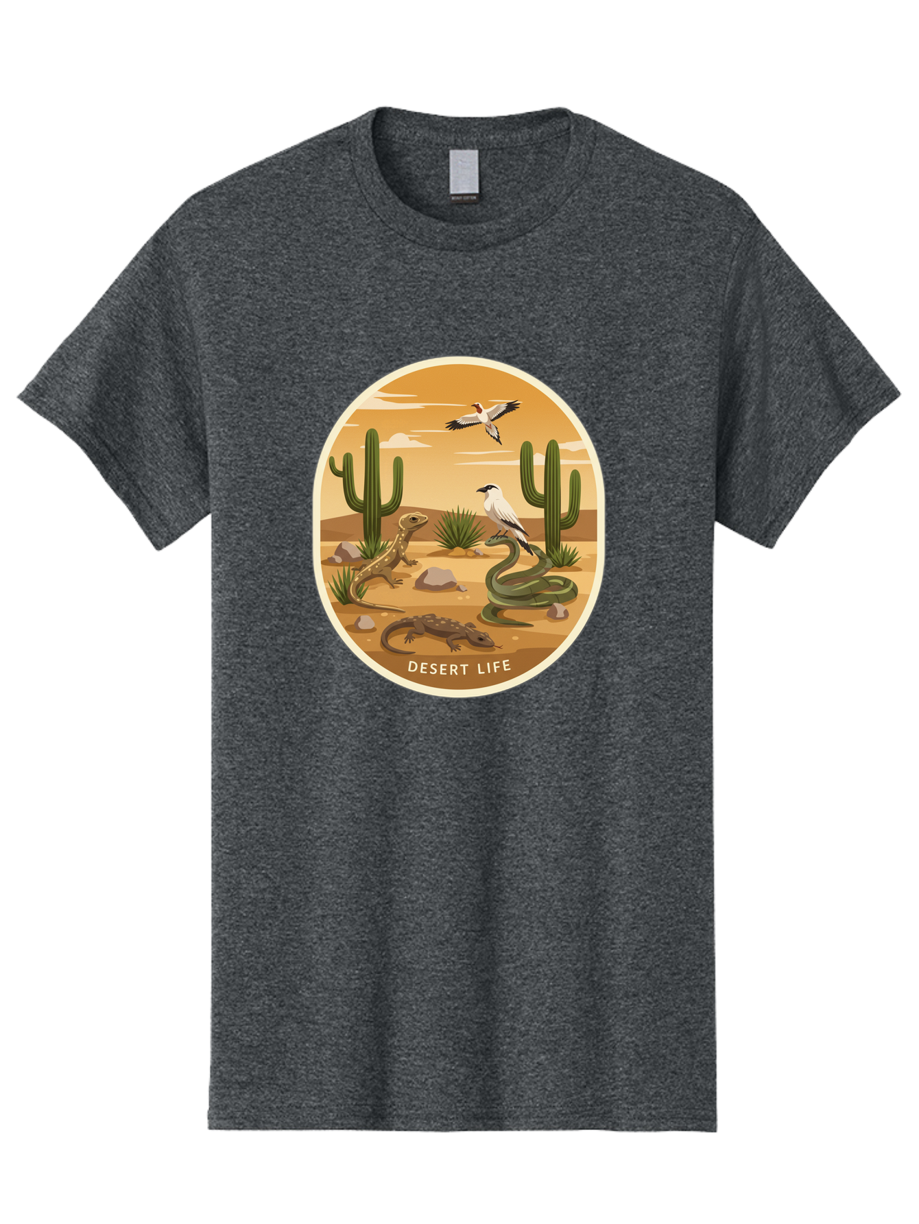 Desert-Life-4 Men'S Graphic Tee, 100% Cotton, Comfortable Casual Summer Wear, Machine Washable, Desert Wildlife, Cacti, Lizards, Snakes, Birds, Desert Scenery, Wildlife Habitat, Arid Landscape, Nature Illustration, Outdoor Wildlife, Bac990 4