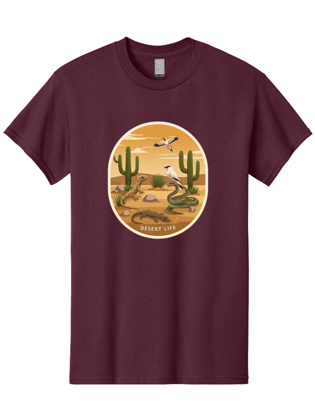 Desert-Life-4 Men'S Graphic Tee, 100% Cotton, Comfortable Casual Summer Wear, Machine Washable, Desert Wildlife, Cacti, Lizards, Snakes, Birds, Desert Scenery, Wildlife Habitat, Arid Landscape, Nature Illustration, Outdoor Wildlife, Bac990 7