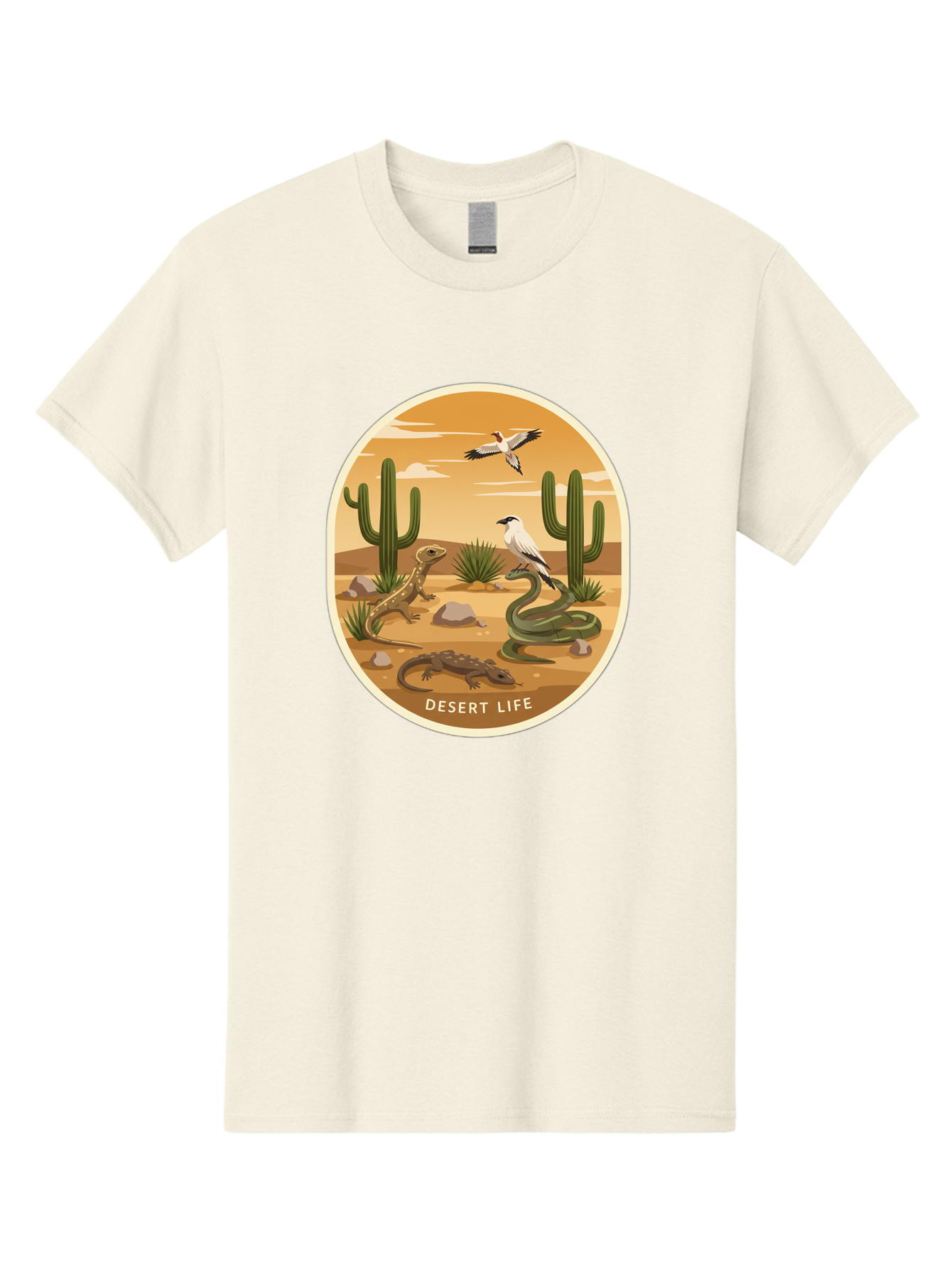 Desert-Life-4 Men'S Graphic Tee, 100% Cotton, Comfortable Casual Summer Wear, Machine Washable, Desert Wildlife, Cacti, Lizards, Snakes, Birds, Desert Scenery, Wildlife Habitat, Arid Landscape, Nature Illustration, Outdoor Wildlife, Bac990 1