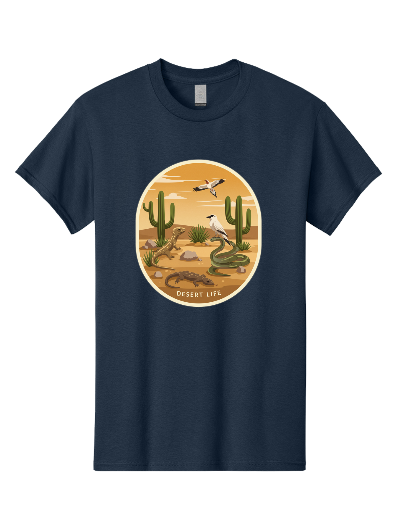 Desert-Life-4 Men'S Graphic Tee, 100% Cotton, Comfortable Casual Summer Wear, Machine Washable, Desert Wildlife, Cacti, Lizards, Snakes, Birds, Desert Scenery, Wildlife Habitat, Arid Landscape, Nature Illustration, Outdoor Wildlife, Bac990 5