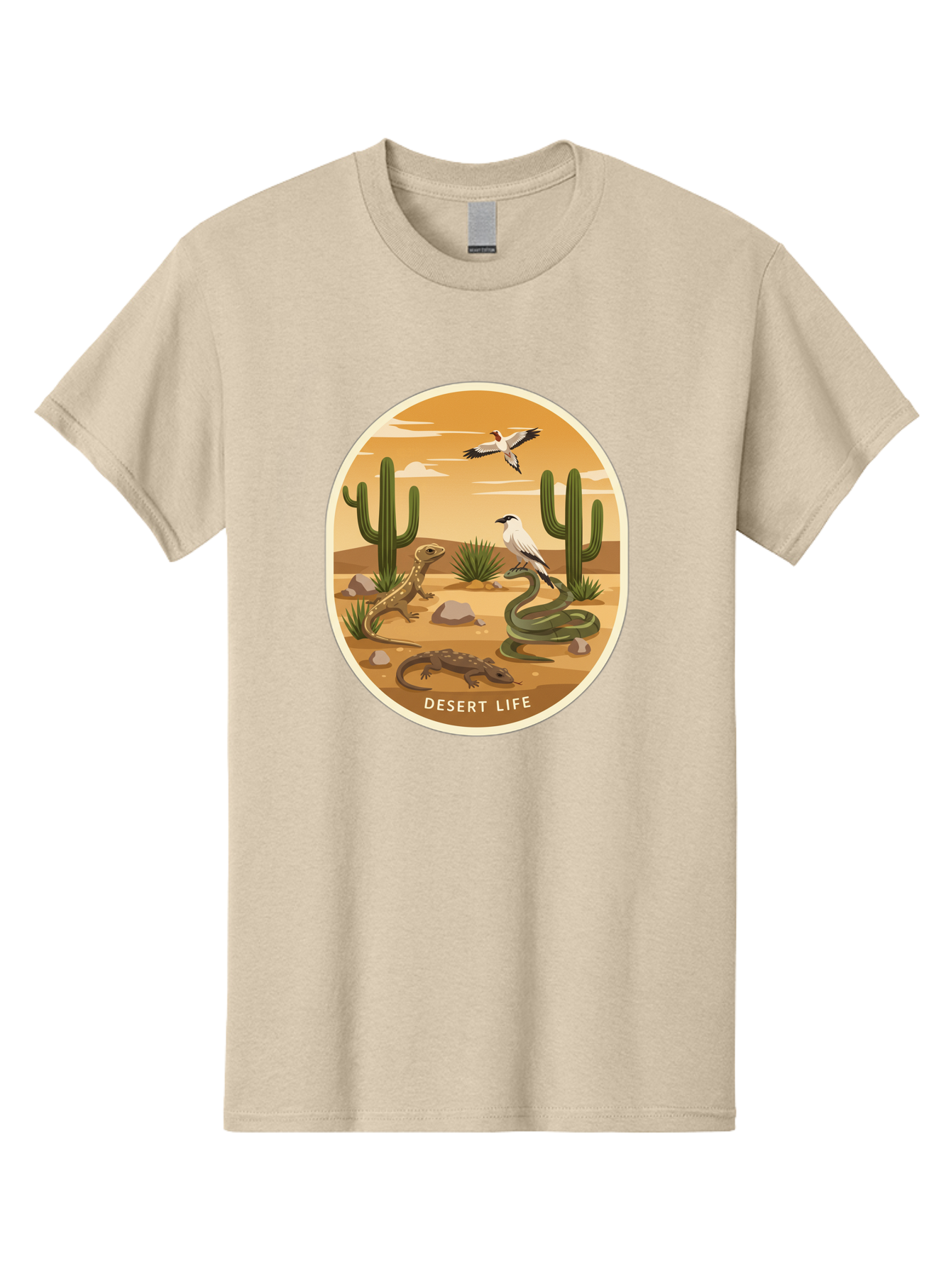 Desert-Life-4 Men'S Graphic Tee, 100% Cotton, Comfortable Casual Summer Wear, Machine Washable, Desert Wildlife, Cacti, Lizards, Snakes, Birds, Desert Scenery, Wildlife Habitat, Arid Landscape, Nature Illustration, Outdoor Wildlife, Bac990 3