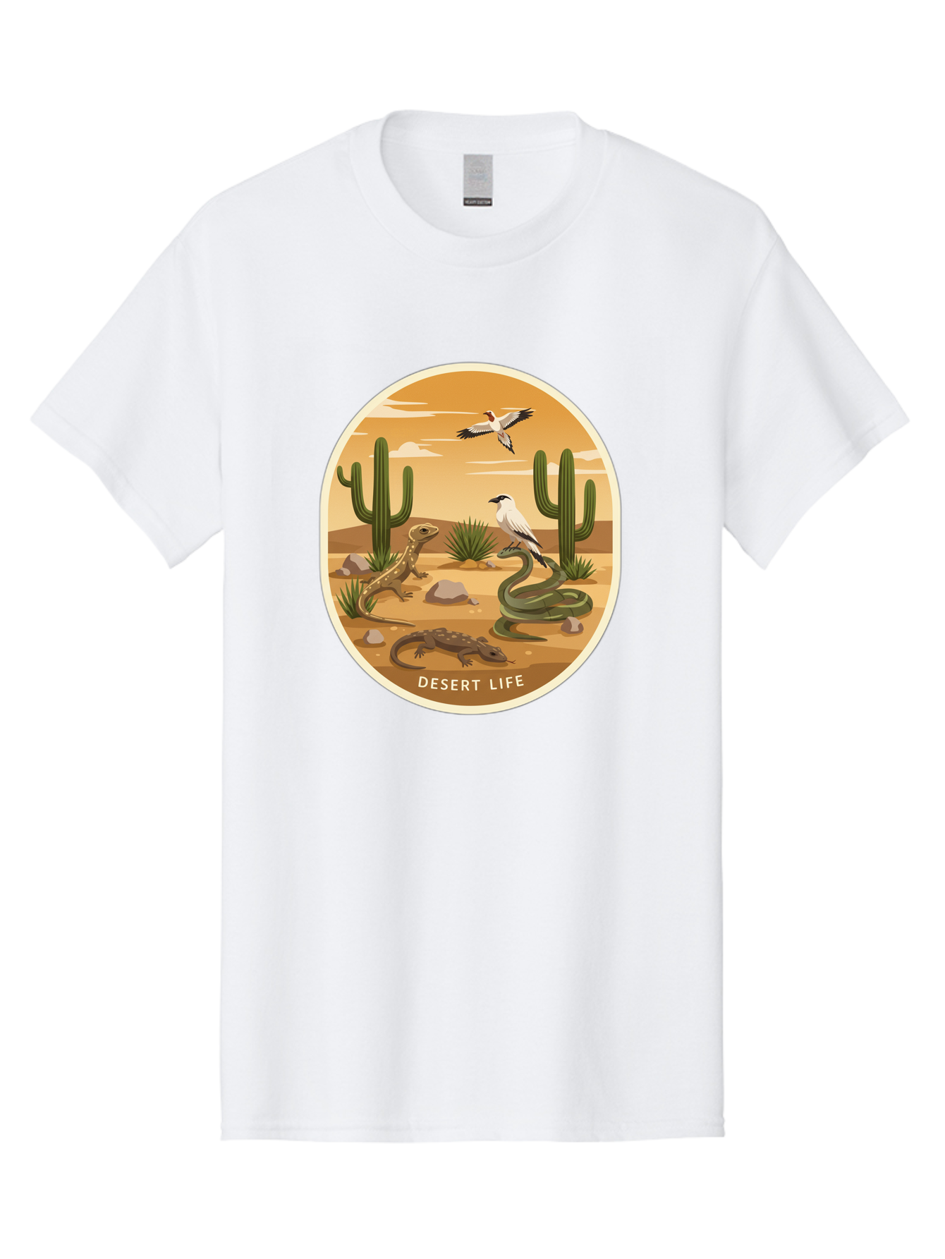 Desert-Life-4 Men'S Graphic Tee, 100% Cotton, Comfortable Casual Summer Wear, Machine Washable, Desert Wildlife, Cacti, Lizards, Snakes, Birds, Desert Scenery, Wildlife Habitat, Arid Landscape, Nature Illustration, Outdoor Wildlife, Bac990 9