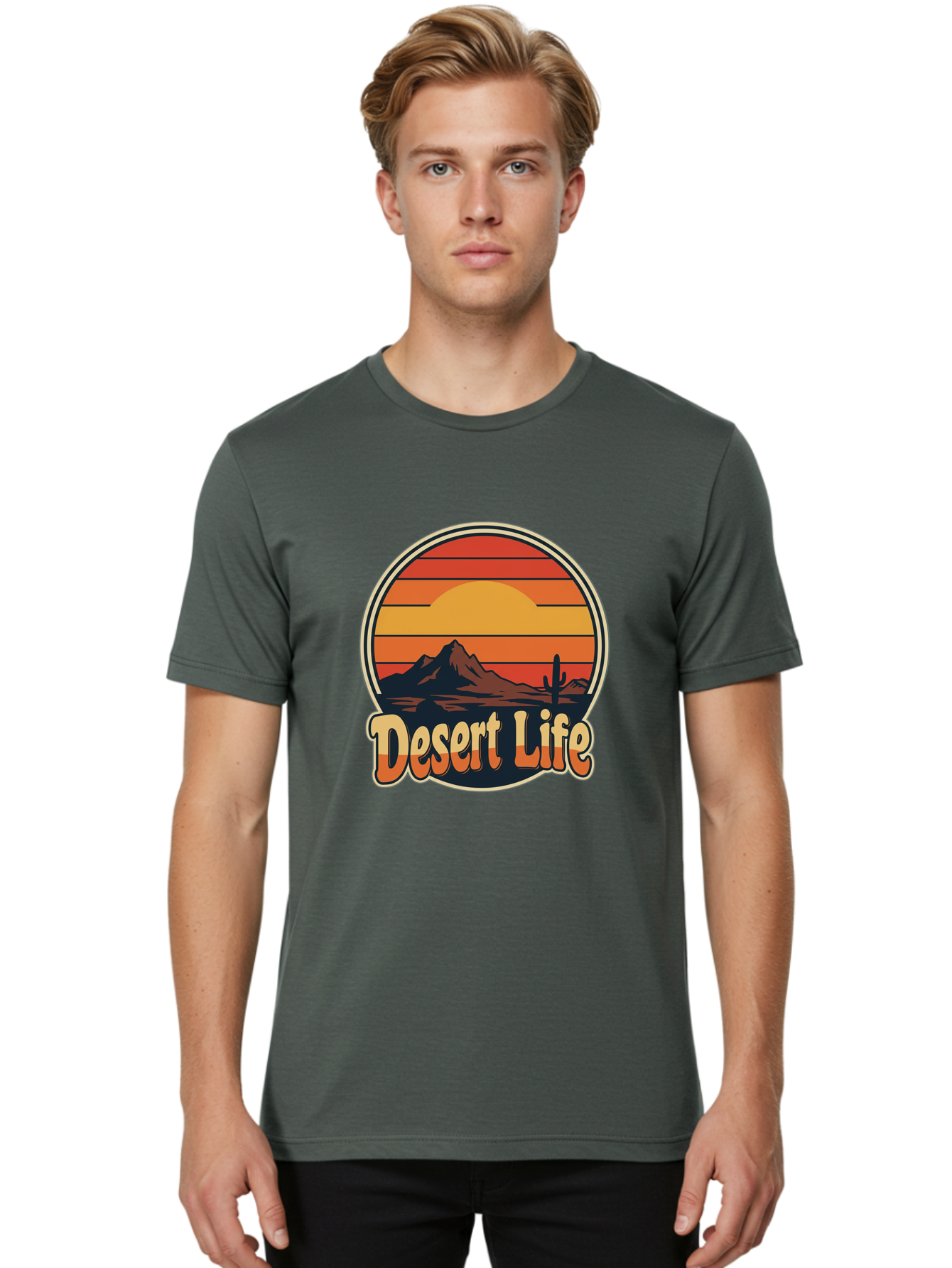Desert-Life Men'S Graphic Tee, 100% Cotton, Comfortable Casual Summer Wear, Machine Washable, Desert Landscape, Sunset Scene, Mountainous Terrain, Cactus Silhouette, Vibrant Colors, Orange Hues, Desert Scenery, Mountain Peaks, Bac994 16