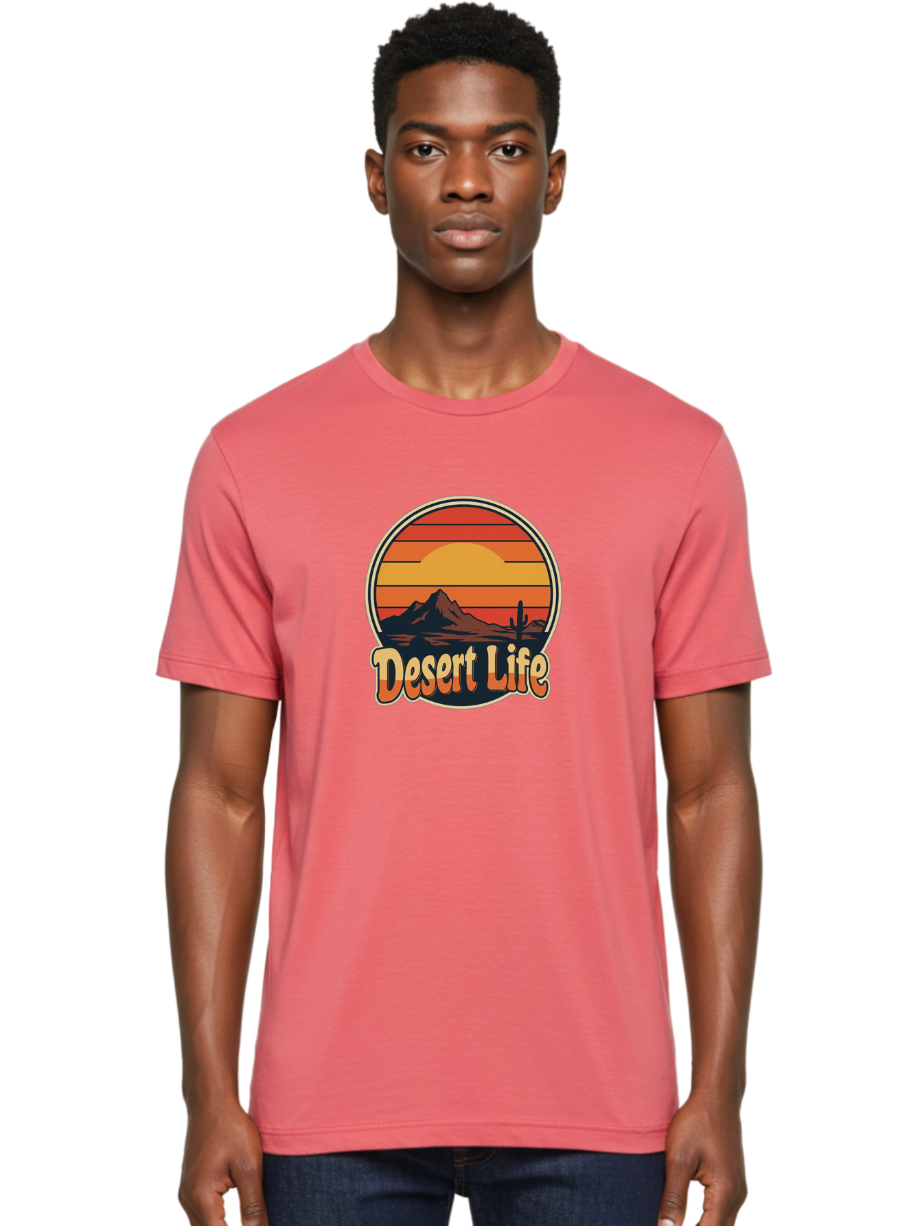 Desert-Life Men'S Graphic Tee, 100% Cotton, Comfortable Casual Summer Wear, Machine Washable, Desert Landscape, Sunset Scene, Mountainous Terrain, Cactus Silhouette, Vibrant Colors, Orange Hues, Desert Scenery, Mountain Peaks, Bac994 30