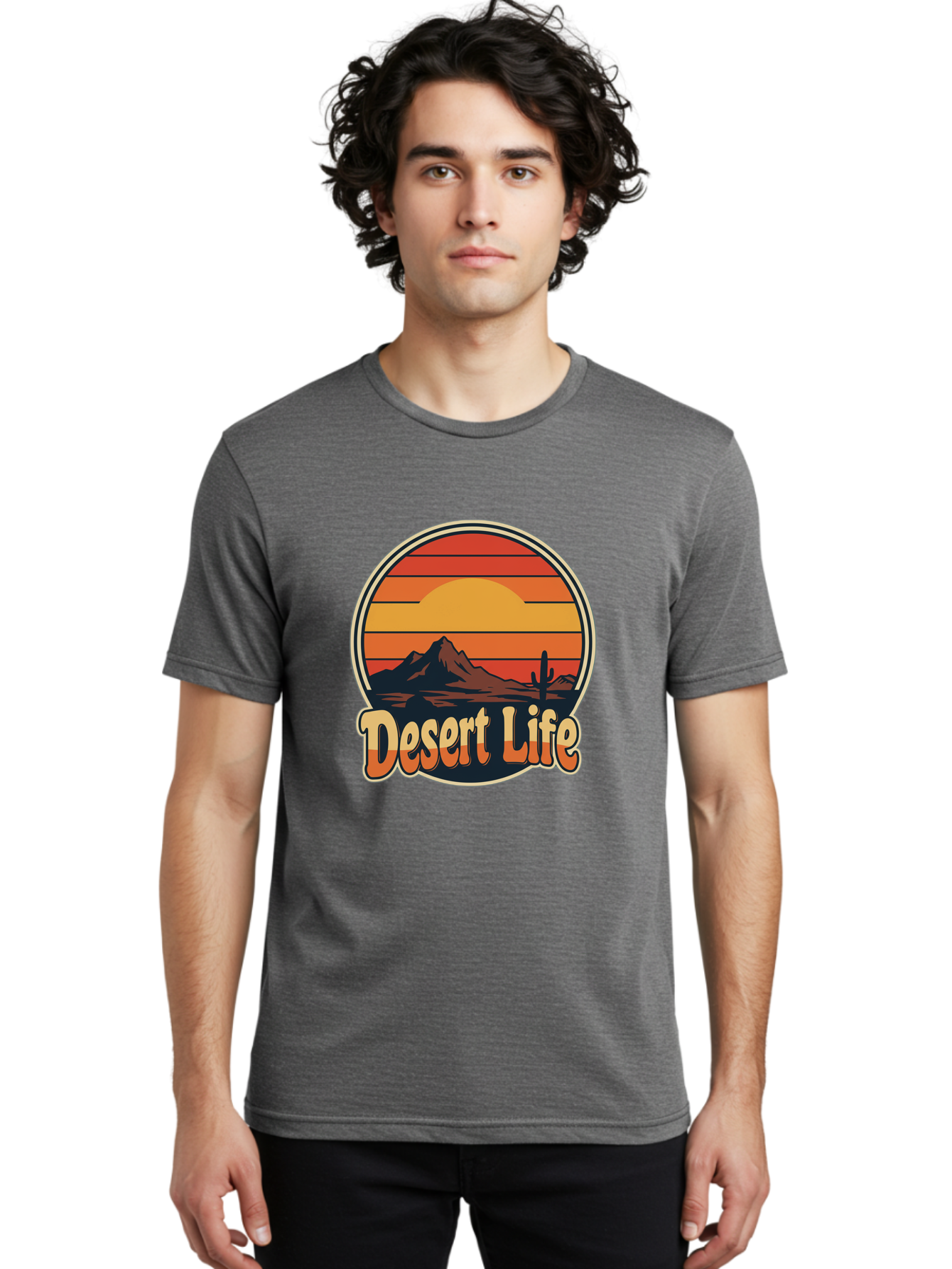 Desert-Life Men'S Graphic Tee, 100% Cotton, Comfortable Casual Summer Wear, Machine Washable, Desert Landscape, Sunset Scene, Mountainous Terrain, Cactus Silhouette, Vibrant Colors, Orange Hues, Desert Scenery, Mountain Peaks, Bac994 20