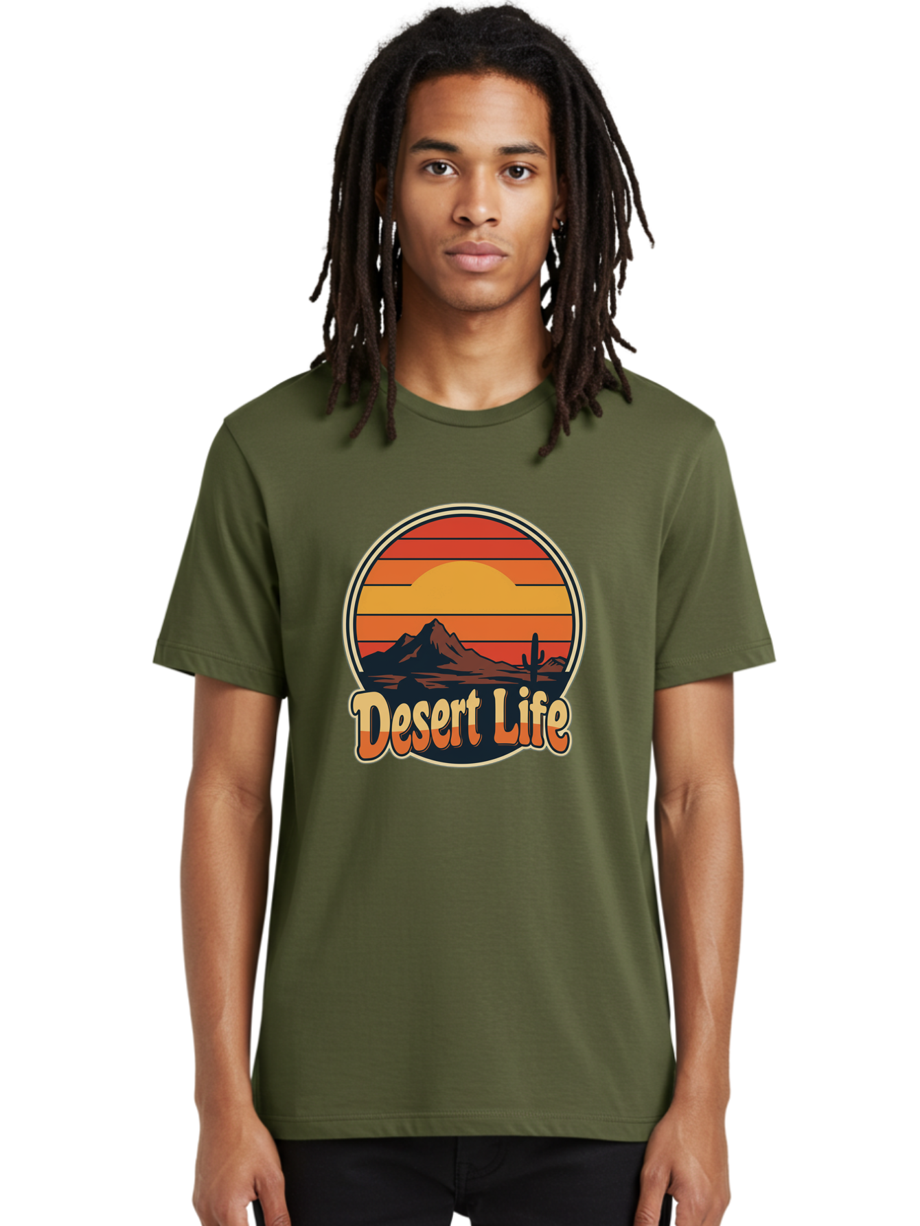 Desert-Life Men'S Graphic Tee, 100% Cotton, Comfortable Casual Summer Wear, Machine Washable, Desert Landscape, Sunset Scene, Mountainous Terrain, Cactus Silhouette, Vibrant Colors, Orange Hues, Desert Scenery, Mountain Peaks, Bac994 23