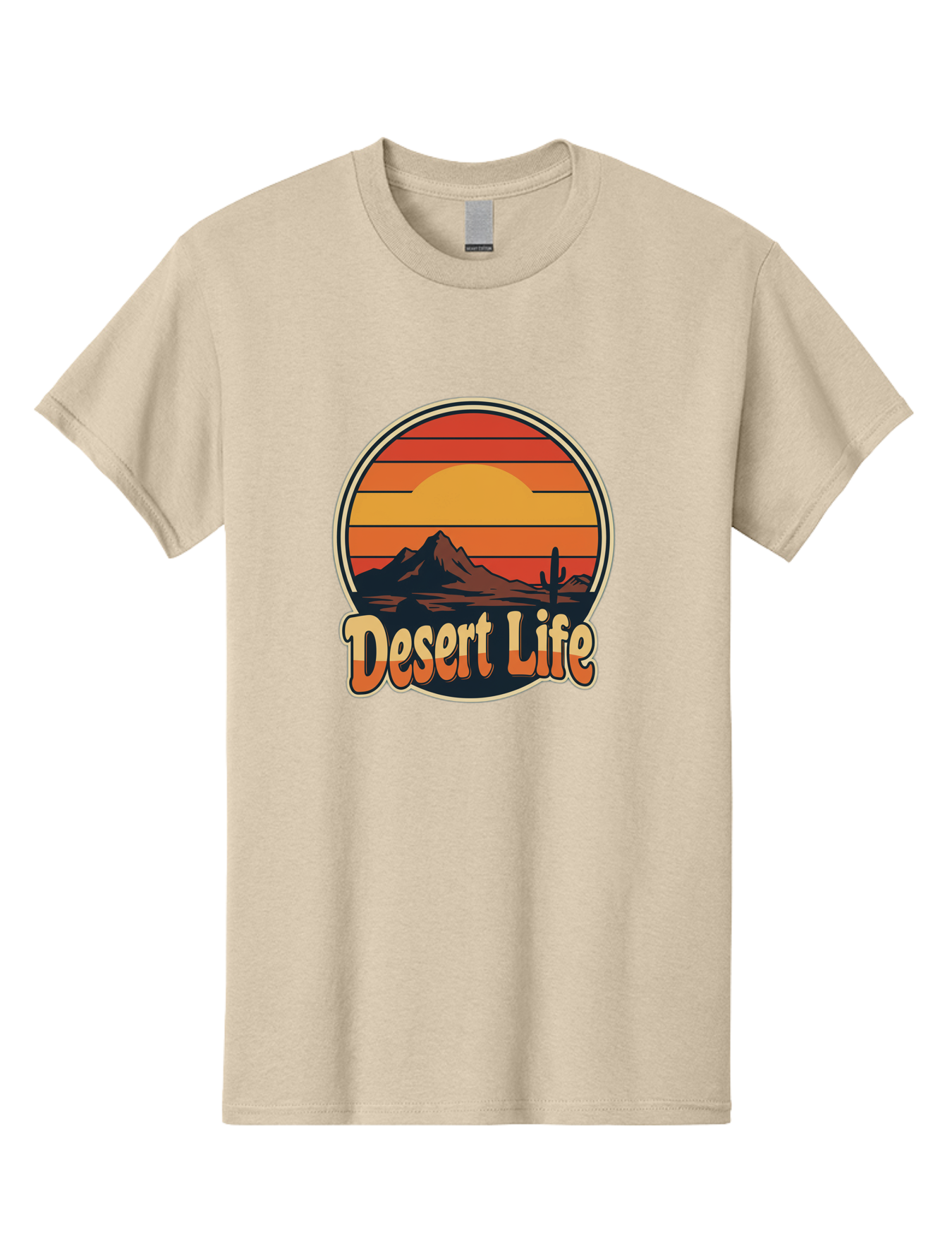 Desert-Life Men'S Graphic Tee, 100% Cotton, Comfortable Casual Summer Wear, Machine Washable, Desert Landscape, Sunset Scene, Mountainous Terrain, Cactus Silhouette, Vibrant Colors, Orange Hues, Desert Scenery, Mountain Peaks, Bac994 7