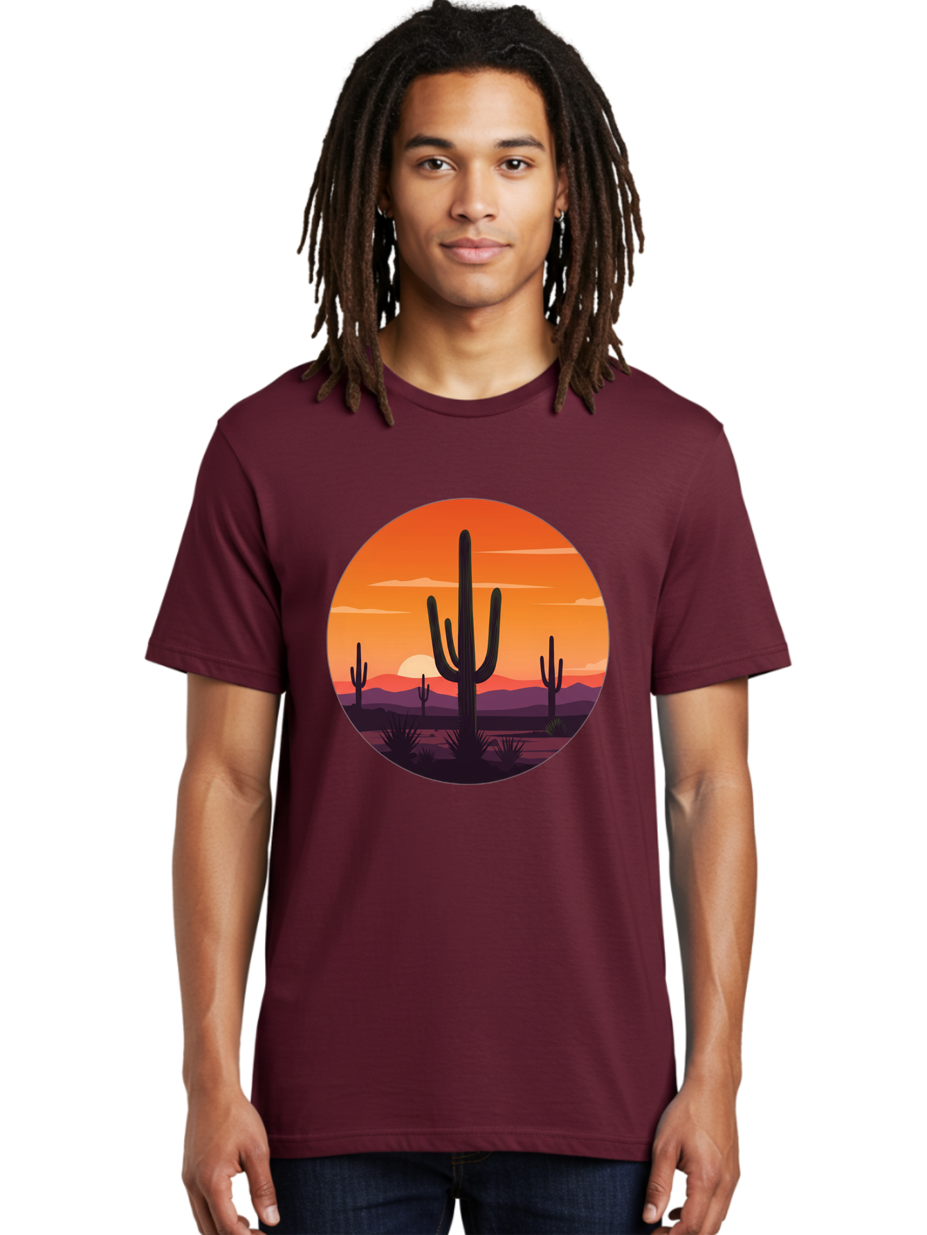 Desert-Sunset-1 Men'S Graphic Tee, 100% Cotton, Comfortable Casual Summer Wear, Machine Washable, Desert Landscape, Cactus Silhouette, Orange Sunset, Vibrant Colors, Serene Atmosphere, Natural Beauty, Outdoor Scenery, Majestic Mountains Bac996 27