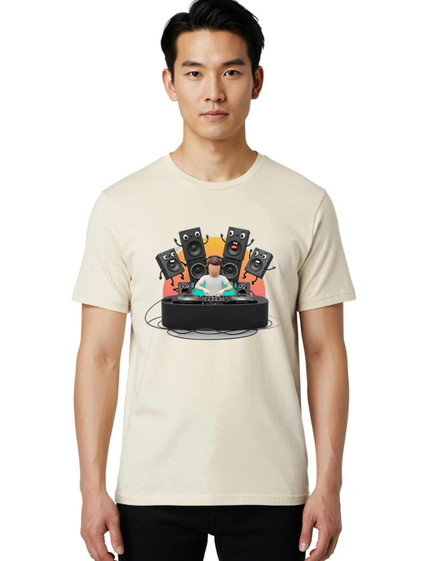 Dj-With-Funny-Speakers Men'S Graphic Tee, 100% Cotton, Comfortable Casual Summer Wear, Machine Washable, Dj Mixing Music On Turntables, Speaker Systems, Cartoon-Style Speakers With Faces, Electronic Dance Music, Sound Equipment, Dj Setup, Bad048 21