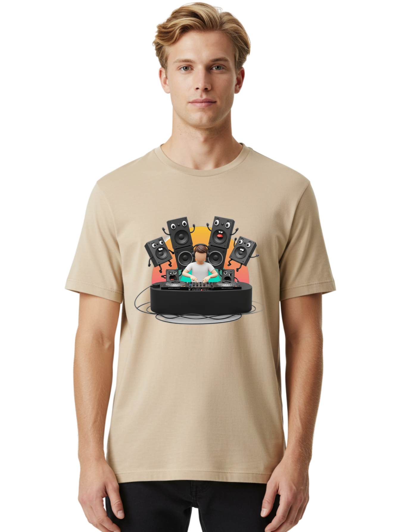 Dj-With-Funny-Speakers Men'S Graphic Tee, 100% Cotton, Comfortable Casual Summer Wear, Machine Washable, Dj Mixing Music On Turntables, Speaker Systems, Cartoon-Style Speakers With Faces, Electronic Dance Music, Sound Equipment, Dj Setup, Bad048 28