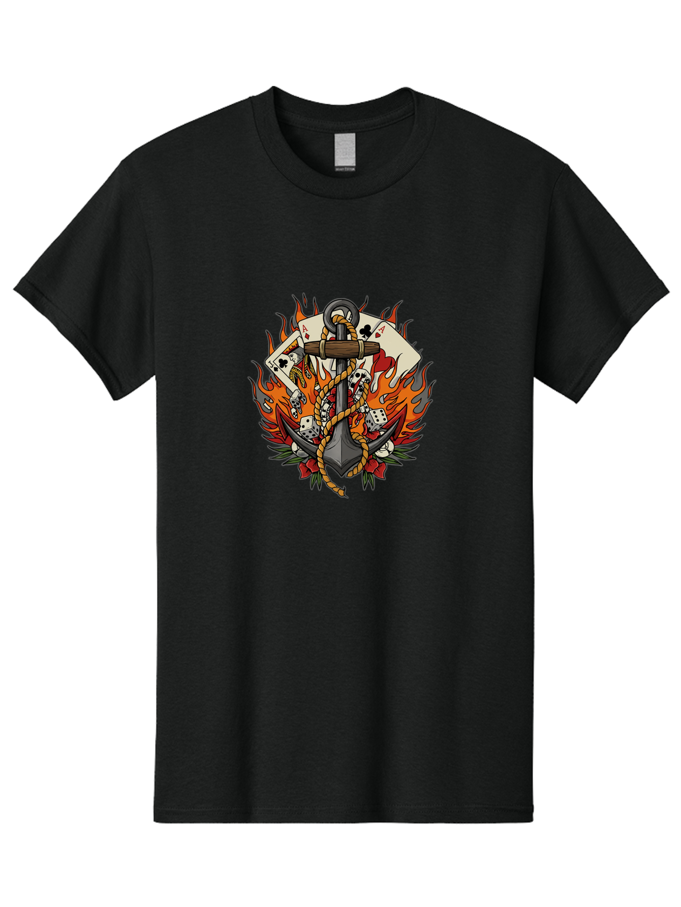 Flaming-Anchor Men'S Graphic Tee, 100% Cotton, Comfortable Casual Summer Wear, Machine Washable, Anchor With Rope, Playing Cards, Dice, Skulls, Fiery Flames, Tattoo Art, Nautical Theme, Casino Luck, Bold Design Bad099 2