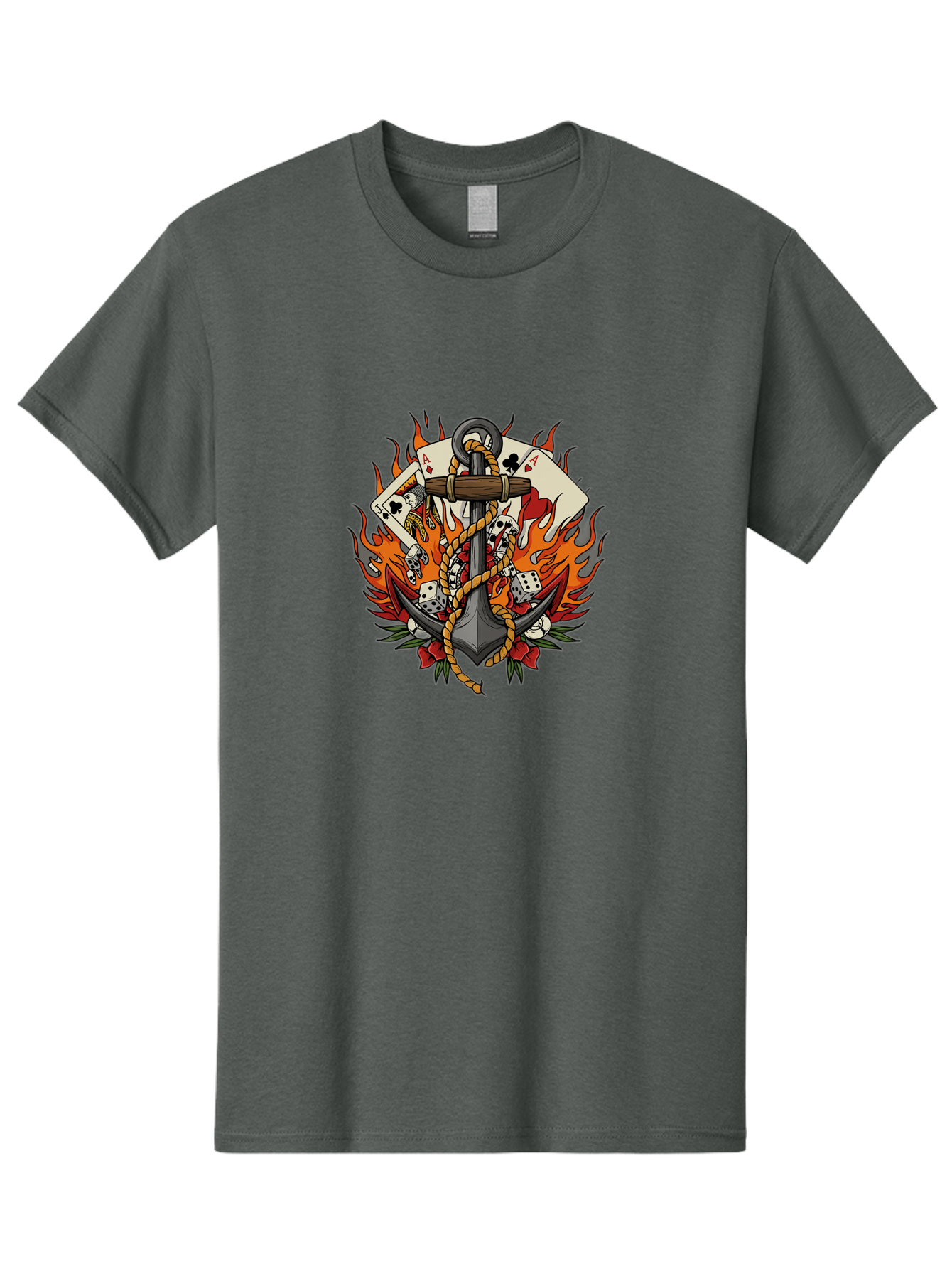 Flaming-Anchor Men'S Graphic Tee, 100% Cotton, Comfortable Casual Summer Wear, Machine Washable, Anchor With Rope, Playing Cards, Dice, Skulls, Fiery Flames, Tattoo Art, Nautical Theme, Casino Luck, Bold Design Bad099 13
