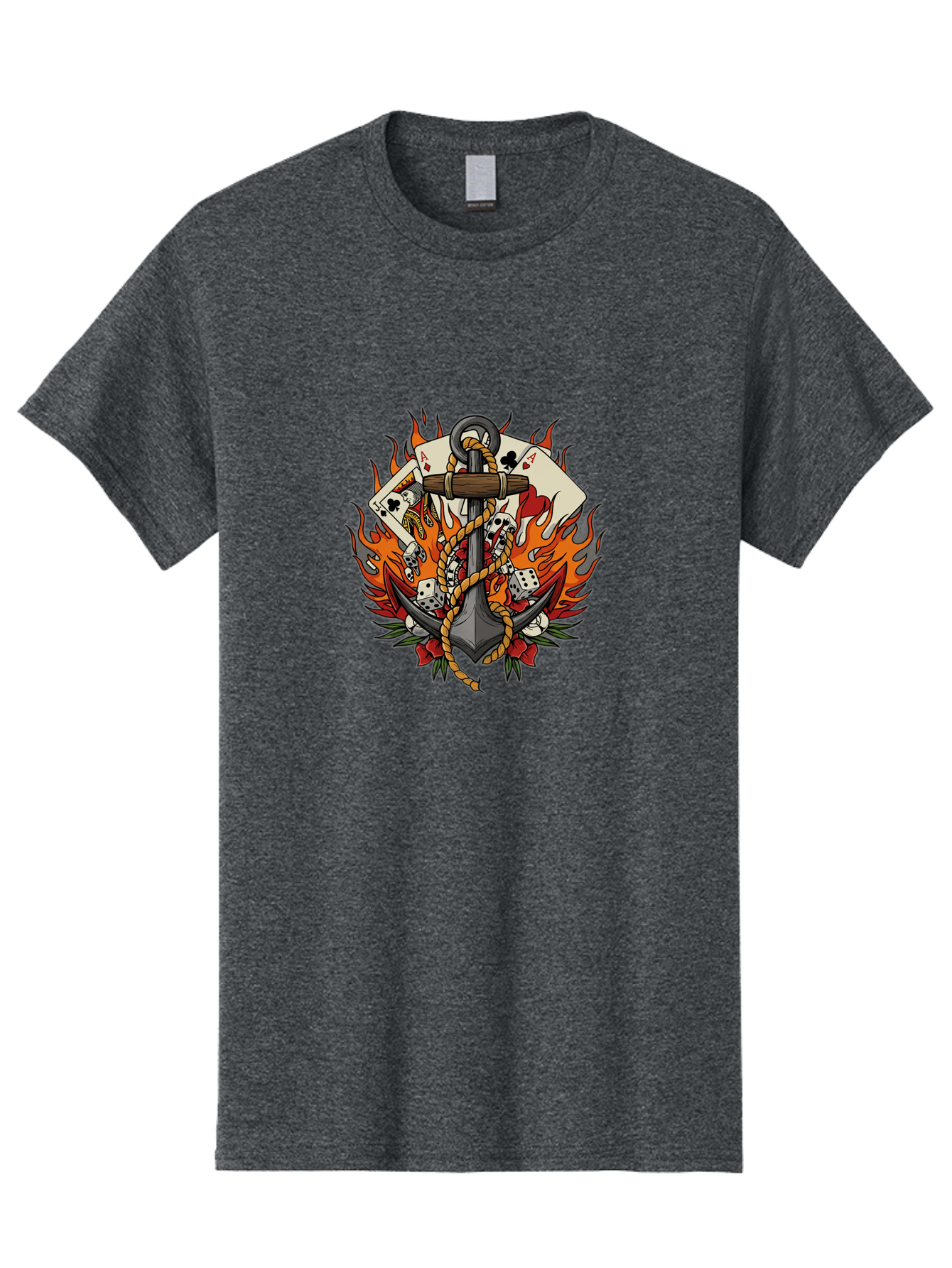Flaming-Anchor Men'S Graphic Tee, 100% Cotton, Comfortable Casual Summer Wear, Machine Washable, Anchor With Rope, Playing Cards, Dice, Skulls, Fiery Flames, Tattoo Art, Nautical Theme, Casino Luck, Bold Design Bad099 7