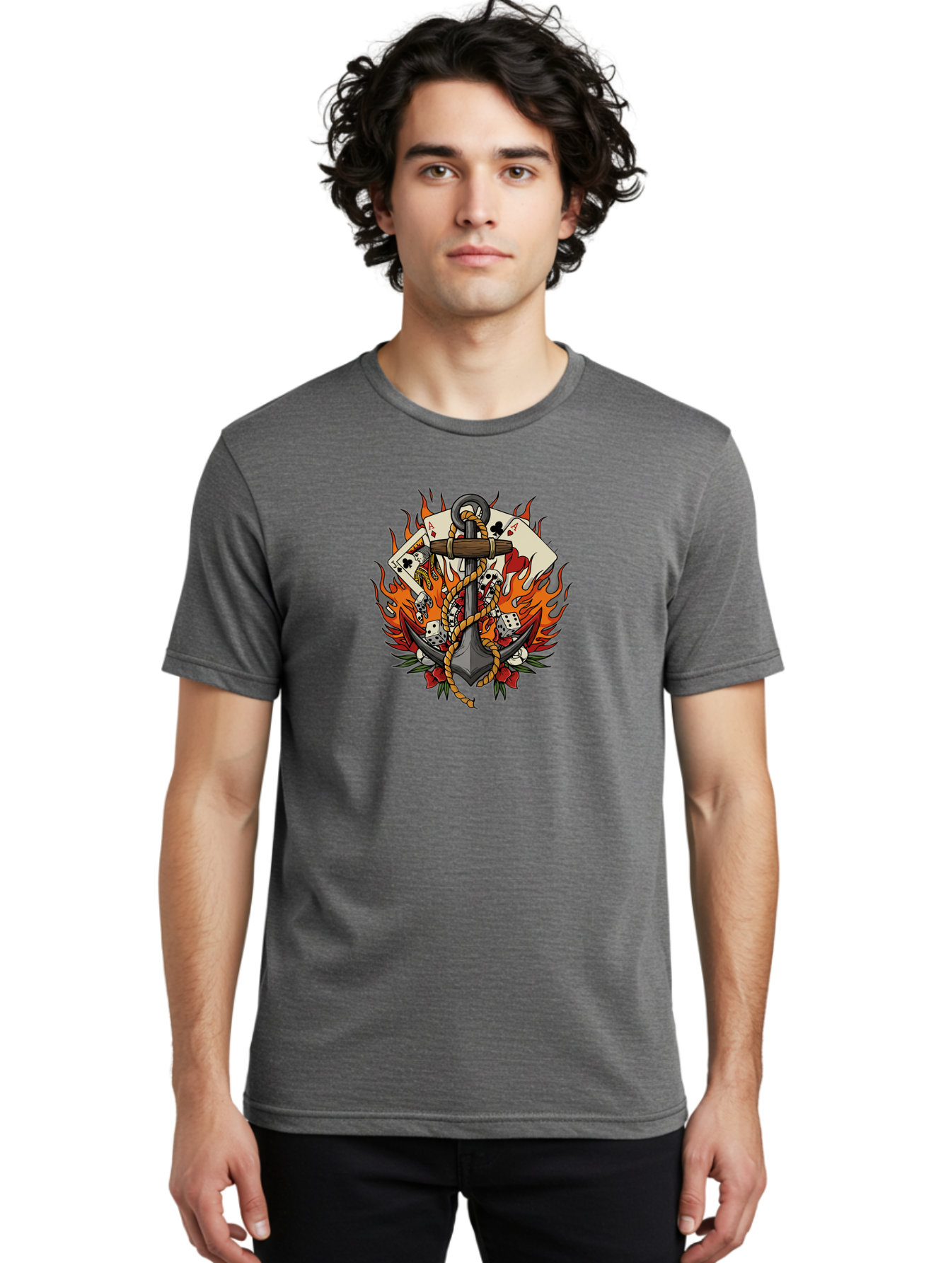 Flaming-Anchor Men'S Graphic Tee, 100% Cotton, Comfortable Casual Summer Wear, Machine Washable, Anchor With Rope, Playing Cards, Dice, Skulls, Fiery Flames, Tattoo Art, Nautical Theme, Casino Luck, Bold Design Bad099 24