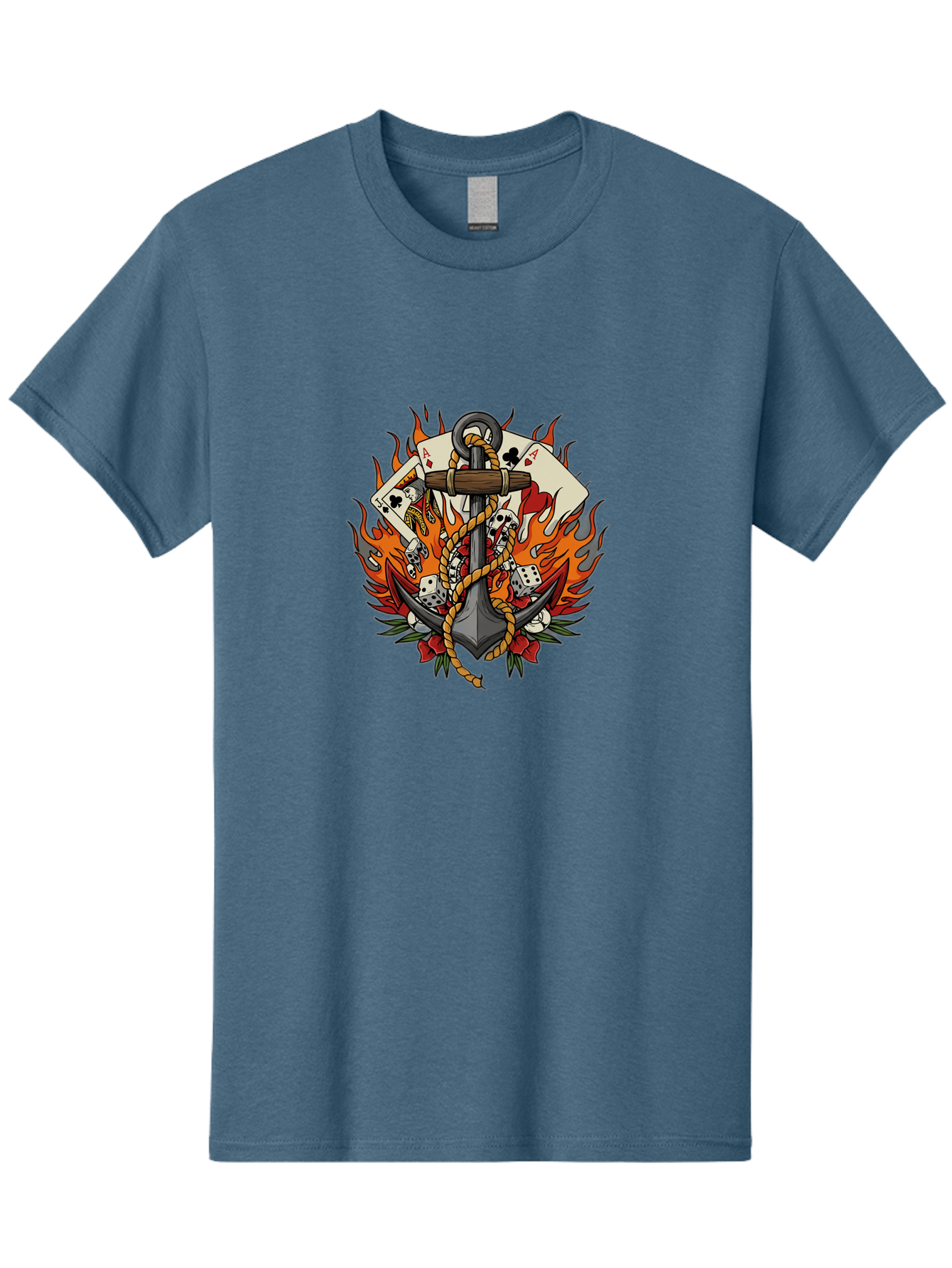 Flaming-Anchor Men'S Graphic Tee, 100% Cotton, Comfortable Casual Summer Wear, Machine Washable, Anchor With Rope, Playing Cards, Dice, Skulls, Fiery Flames, Tattoo Art, Nautical Theme, Casino Luck, Bold Design Bad099 3