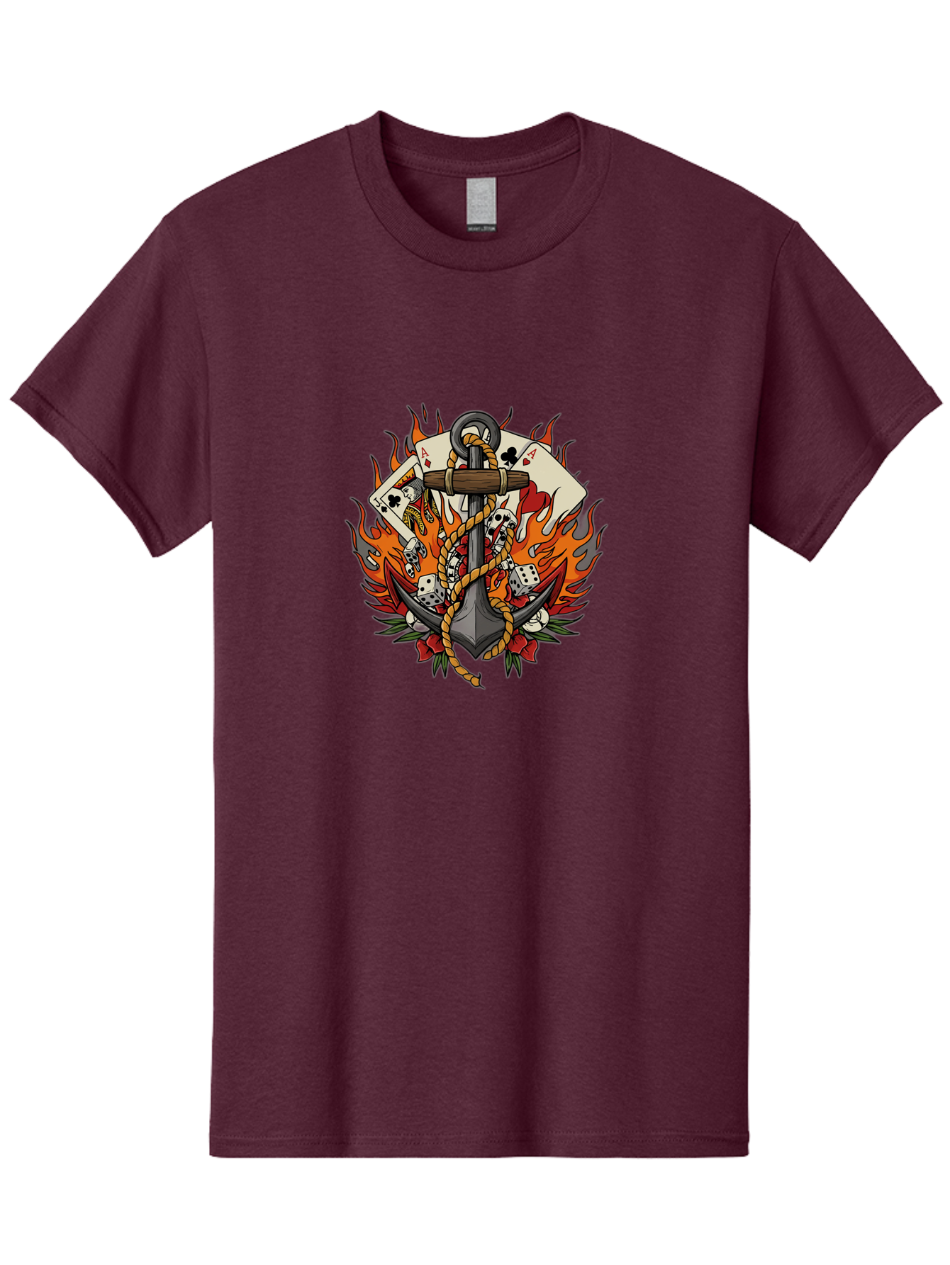 Flaming-Anchor Men'S Graphic Tee, 100% Cotton, Comfortable Casual Summer Wear, Machine Washable, Anchor With Rope, Playing Cards, Dice, Skulls, Fiery Flames, Tattoo Art, Nautical Theme, Casino Luck, Bold Design Bad099 5
