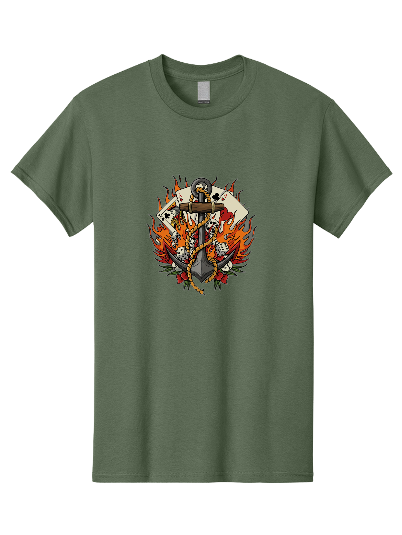 Flaming-Anchor Men'S Graphic Tee, 100% Cotton, Comfortable Casual Summer Wear, Machine Washable, Anchor With Rope, Playing Cards, Dice, Skulls, Fiery Flames, Tattoo Art, Nautical Theme, Casino Luck, Bold Design Bad099 12