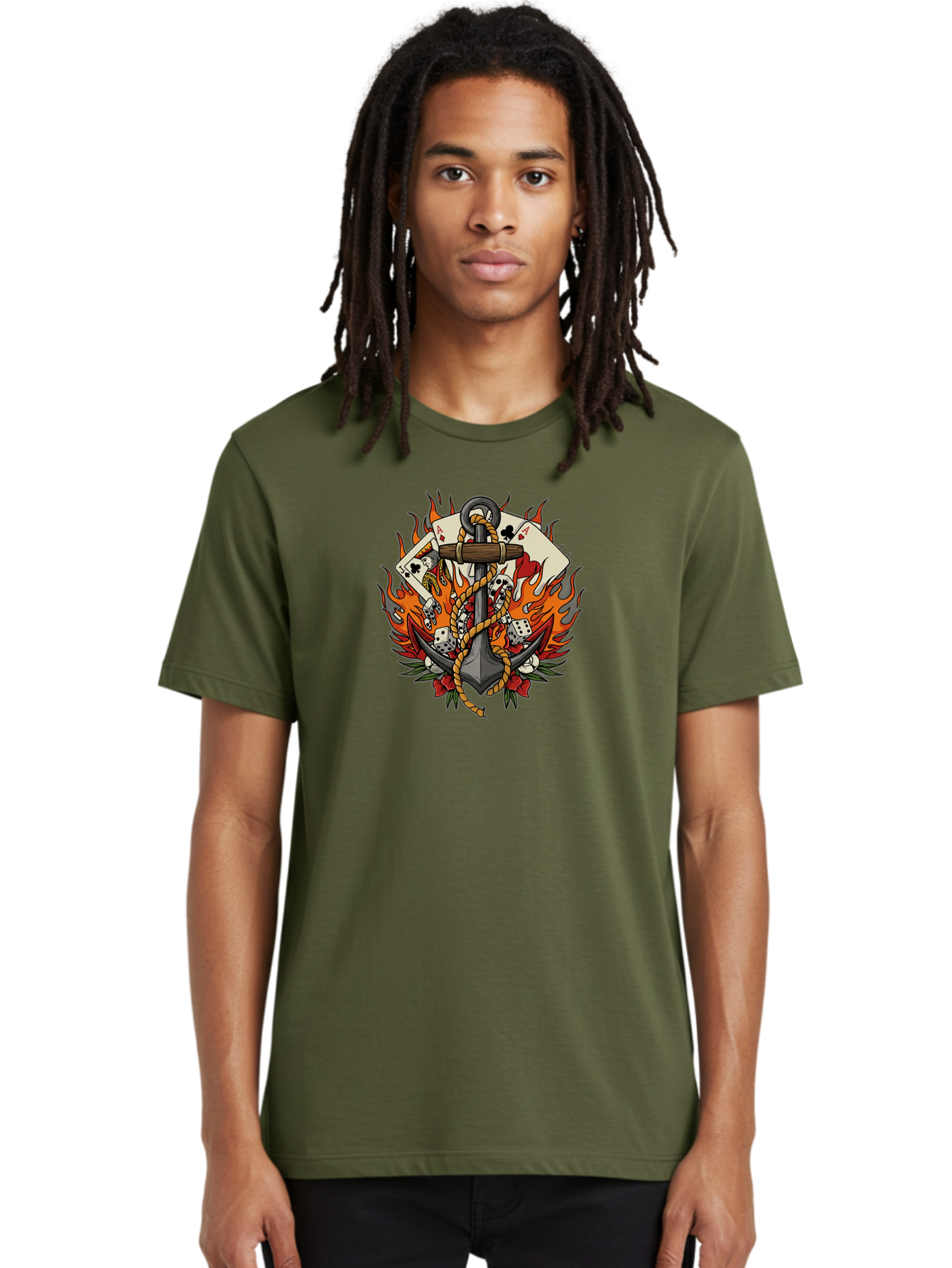 Flaming-Anchor Men'S Graphic Tee, 100% Cotton, Comfortable Casual Summer Wear, Machine Washable, Anchor With Rope, Playing Cards, Dice, Skulls, Fiery Flames, Tattoo Art, Nautical Theme, Casino Luck, Bold Design Bad099 27