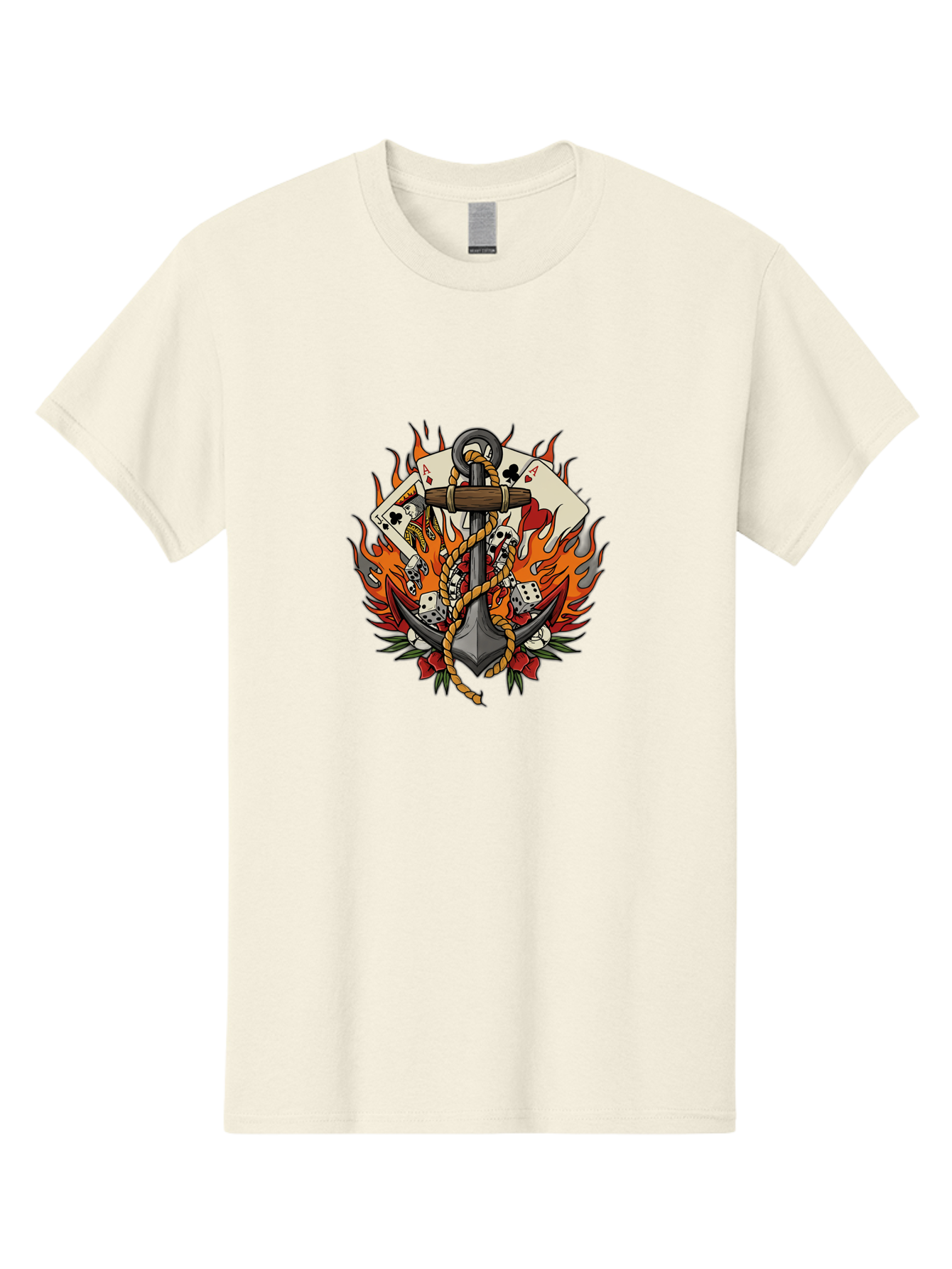 Flaming-Anchor Men'S Graphic Tee, 100% Cotton, Comfortable Casual Summer Wear, Machine Washable, Anchor With Rope, Playing Cards, Dice, Skulls, Fiery Flames, Tattoo Art, Nautical Theme, Casino Luck, Bold Design Bad099 4