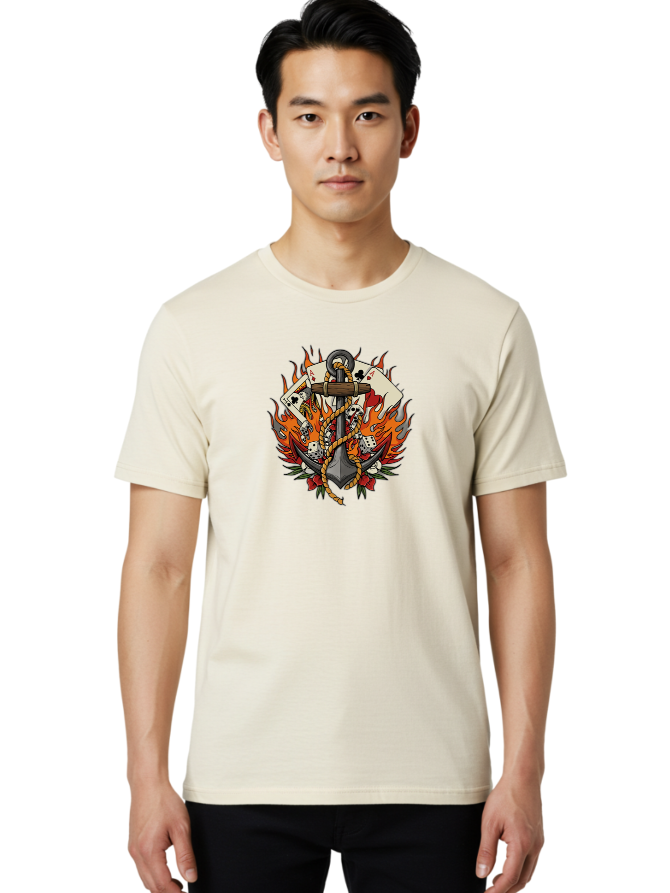 Flaming-Anchor Men'S Graphic Tee, 100% Cotton, Comfortable Casual Summer Wear, Machine Washable, Anchor With Rope, Playing Cards, Dice, Skulls, Fiery Flames, Tattoo Art, Nautical Theme, Casino Luck, Bold Design Bad099 19