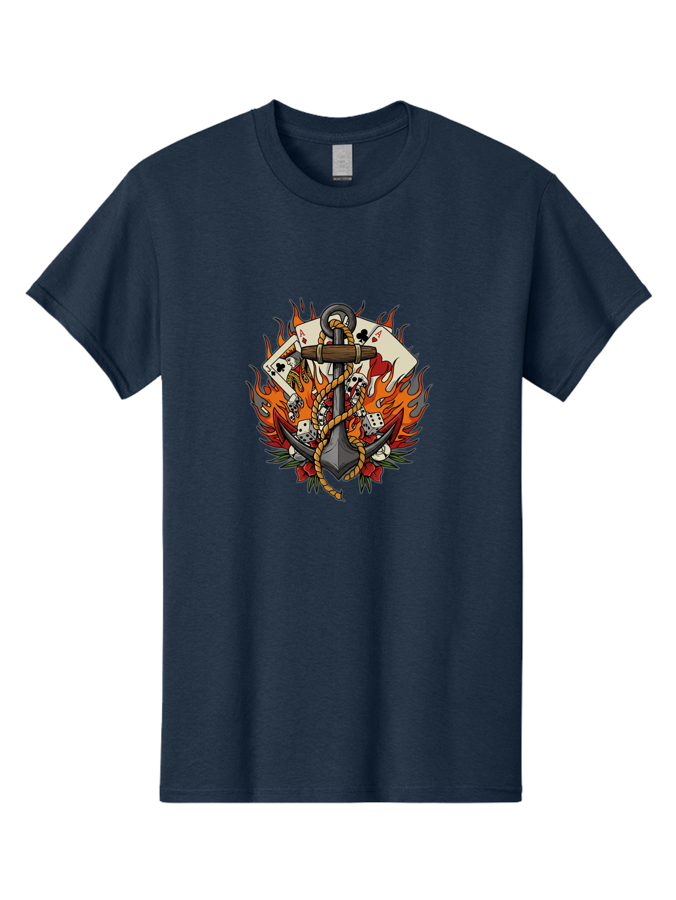 Flaming-Anchor Men'S Graphic Tee, 100% Cotton, Comfortable Casual Summer Wear, Machine Washable, Anchor With Rope, Playing Cards, Dice, Skulls, Fiery Flames, Tattoo Art, Nautical Theme, Casino Luck, Bold Design Bad099 15