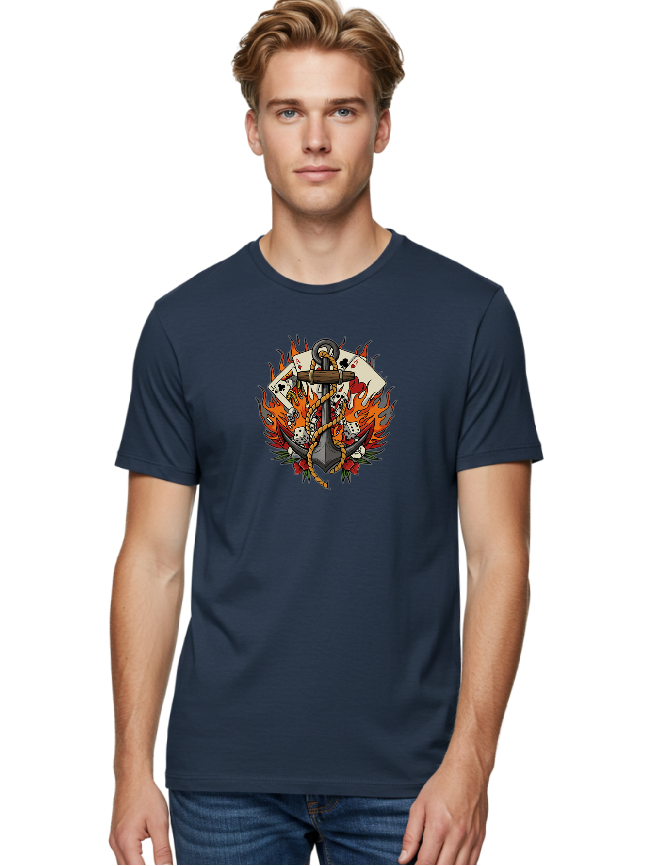 Flaming-Anchor Men'S Graphic Tee, 100% Cotton, Comfortable Casual Summer Wear, Machine Washable, Anchor With Rope, Playing Cards, Dice, Skulls, Fiery Flames, Tattoo Art, Nautical Theme, Casino Luck, Bold Design Bad099 30