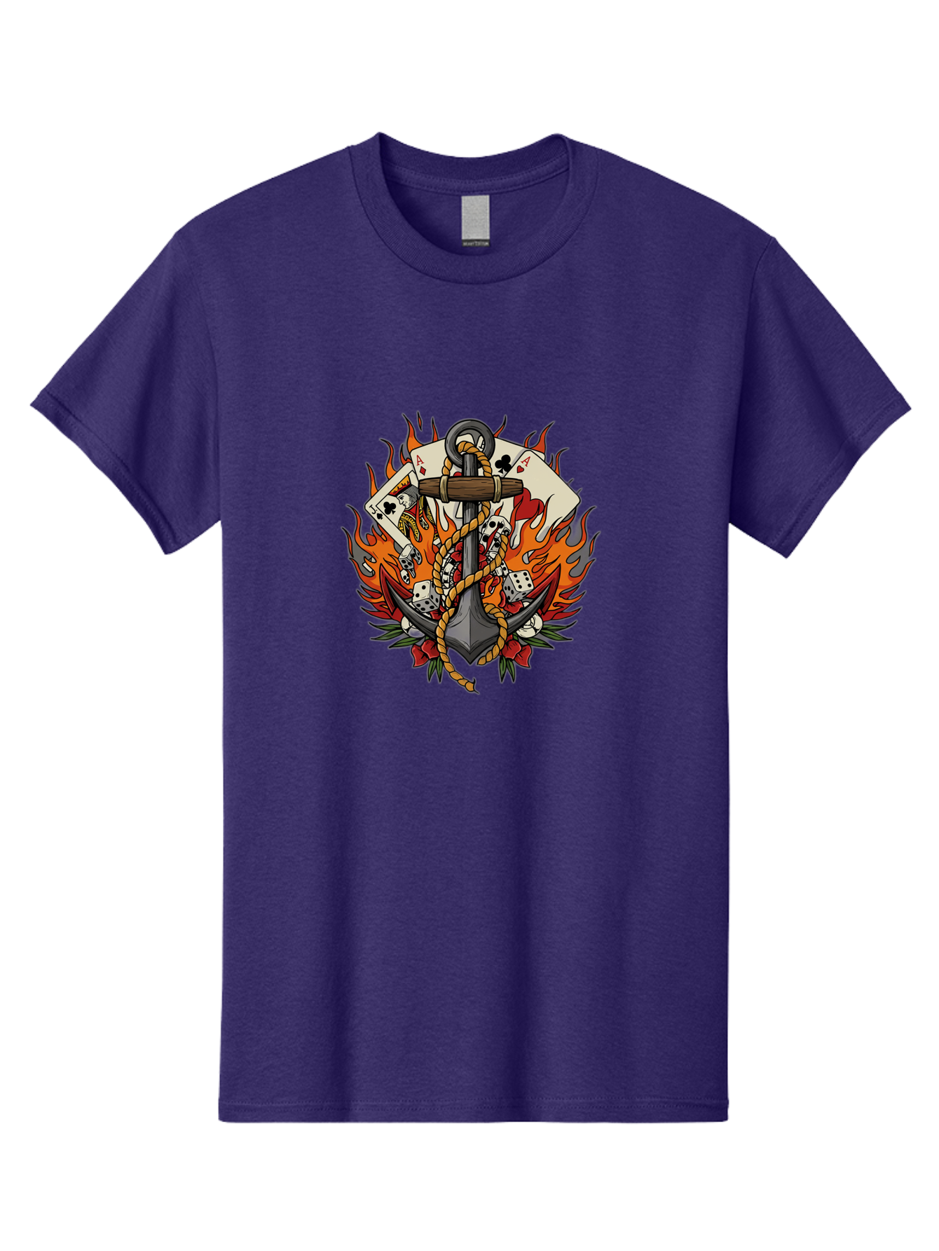 Flaming-Anchor Men'S Graphic Tee, 100% Cotton, Comfortable Casual Summer Wear, Machine Washable, Anchor With Rope, Playing Cards, Dice, Skulls, Fiery Flames, Tattoo Art, Nautical Theme, Casino Luck, Bold Design Bad099 6