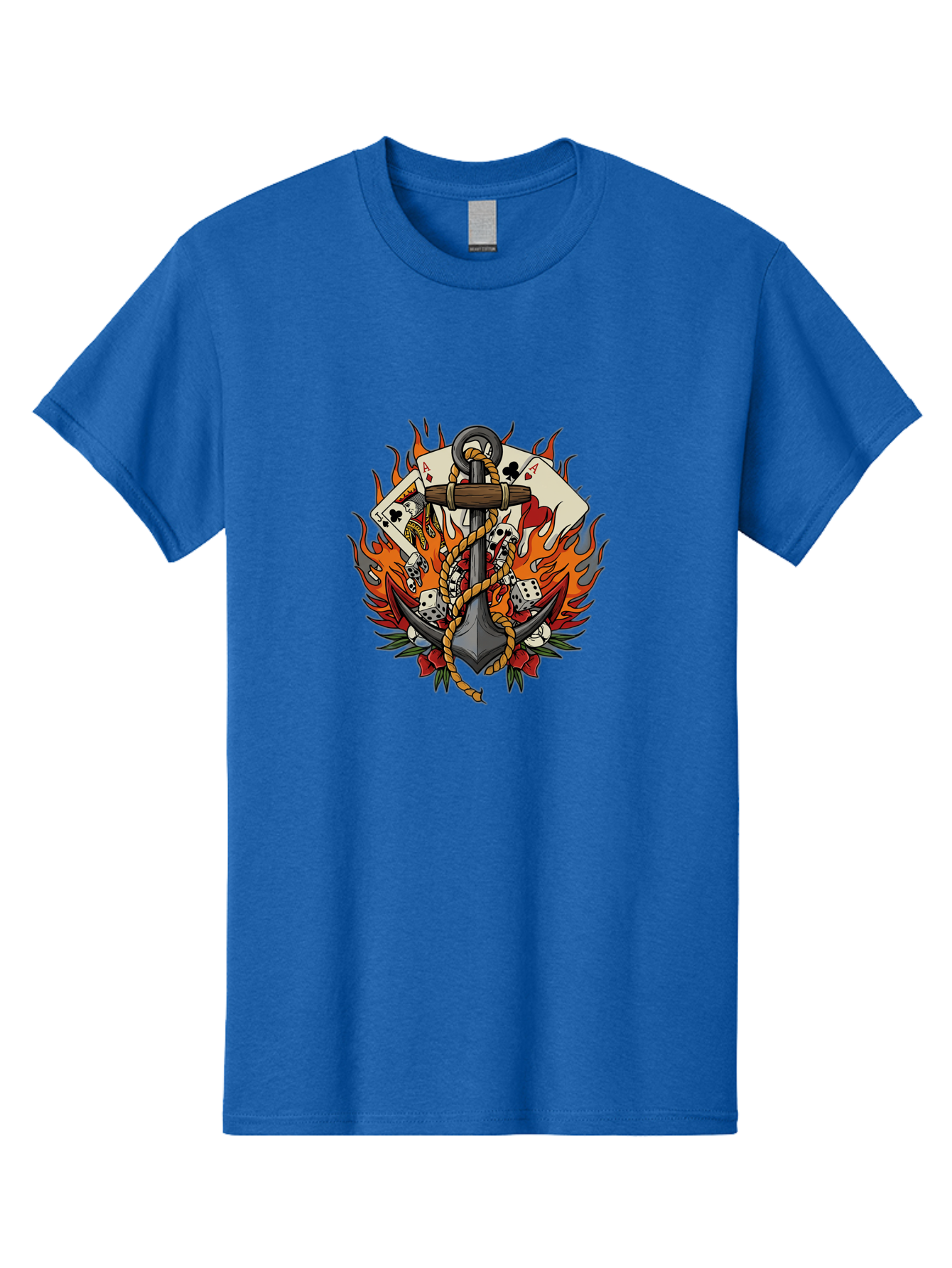 Flaming-Anchor Men'S Graphic Tee, 100% Cotton, Comfortable Casual Summer Wear, Machine Washable, Anchor With Rope, Playing Cards, Dice, Skulls, Fiery Flames, Tattoo Art, Nautical Theme, Casino Luck, Bold Design Bad099 1