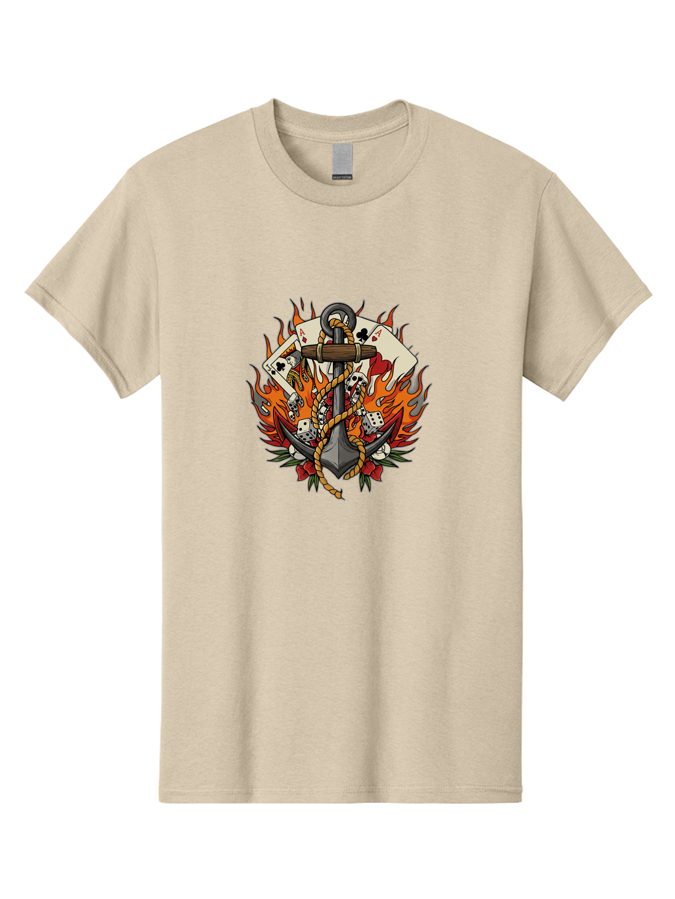Flaming-Anchor Men'S Graphic Tee, 100% Cotton, Comfortable Casual Summer Wear, Machine Washable, Anchor With Rope, Playing Cards, Dice, Skulls, Fiery Flames, Tattoo Art, Nautical Theme, Casino Luck, Bold Design Bad099 14