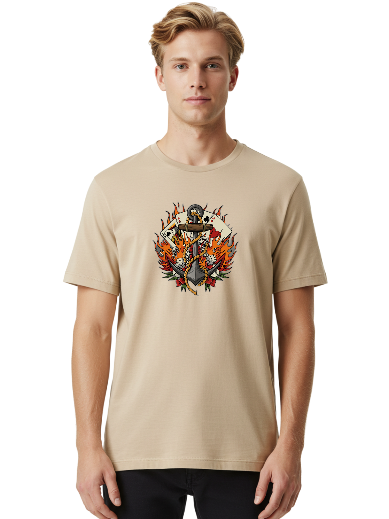 Flaming-Anchor Men'S Graphic Tee, 100% Cotton, Comfortable Casual Summer Wear, Machine Washable, Anchor With Rope, Playing Cards, Dice, Skulls, Fiery Flames, Tattoo Art, Nautical Theme, Casino Luck, Bold Design Bad099 29