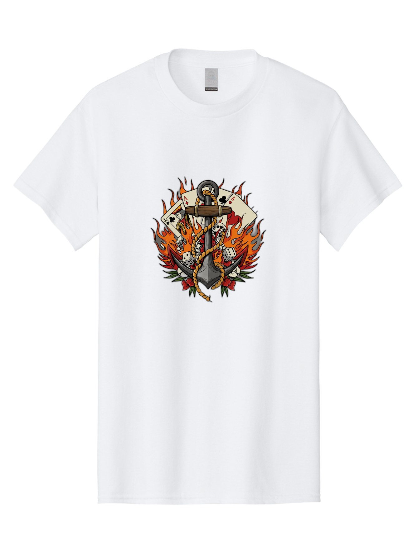 Flaming-Anchor Men'S Graphic Tee, 100% Cotton, Comfortable Casual Summer Wear, Machine Washable, Anchor With Rope, Playing Cards, Dice, Skulls, Fiery Flames, Tattoo Art, Nautical Theme, Casino Luck, Bold Design Bad099 11