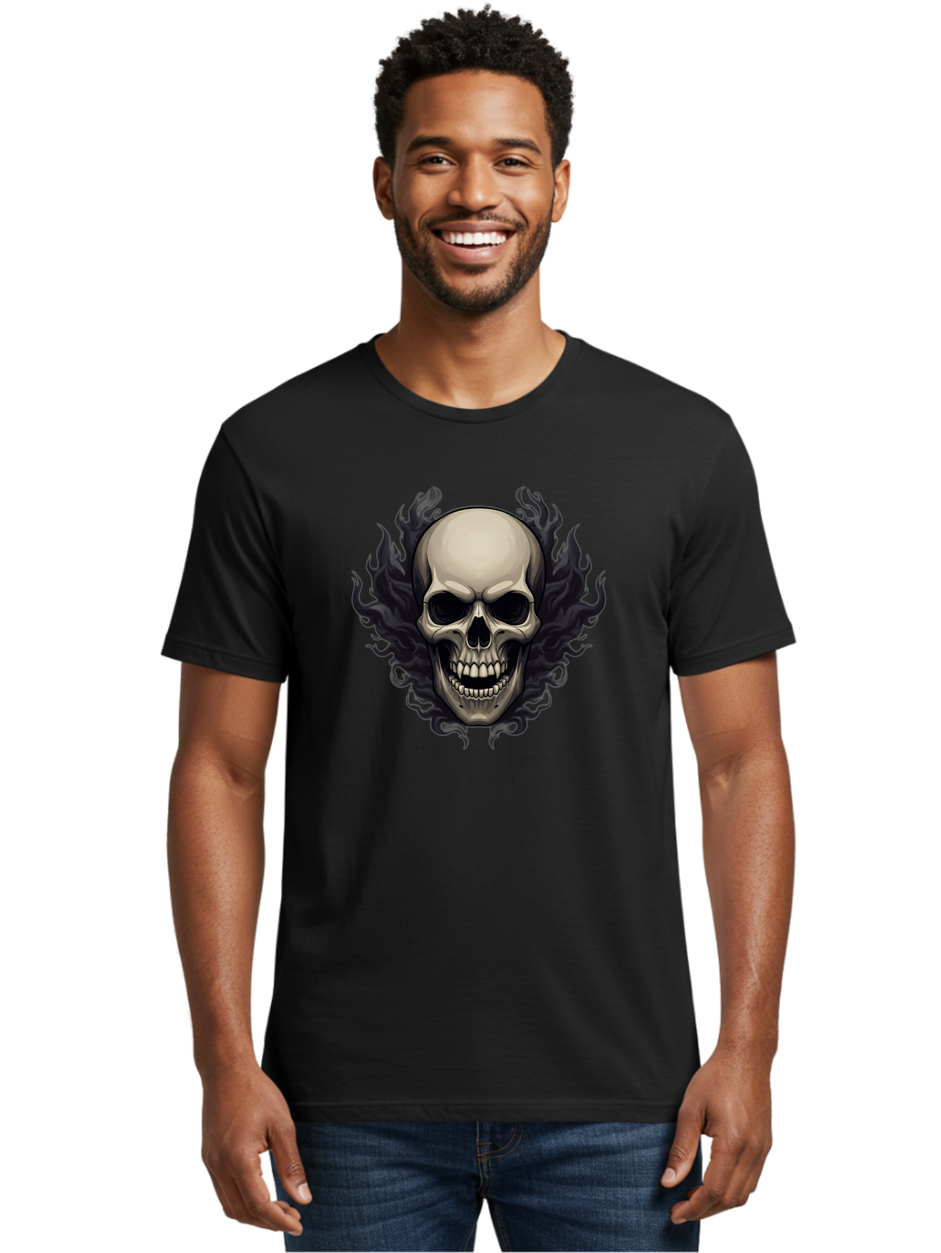 Flaming-Skull Men'S Graphic Tee, 100% Cotton, Comfortable Casual Summer Wear, Machine Washable, Skull With Flames, Grunge Style, Gothic Graphic, Horror Theme, Dark Art, Punk Rock, Edgy Design, Bold Imagery, Fiery Skull, Intense Graphics Bad101 26