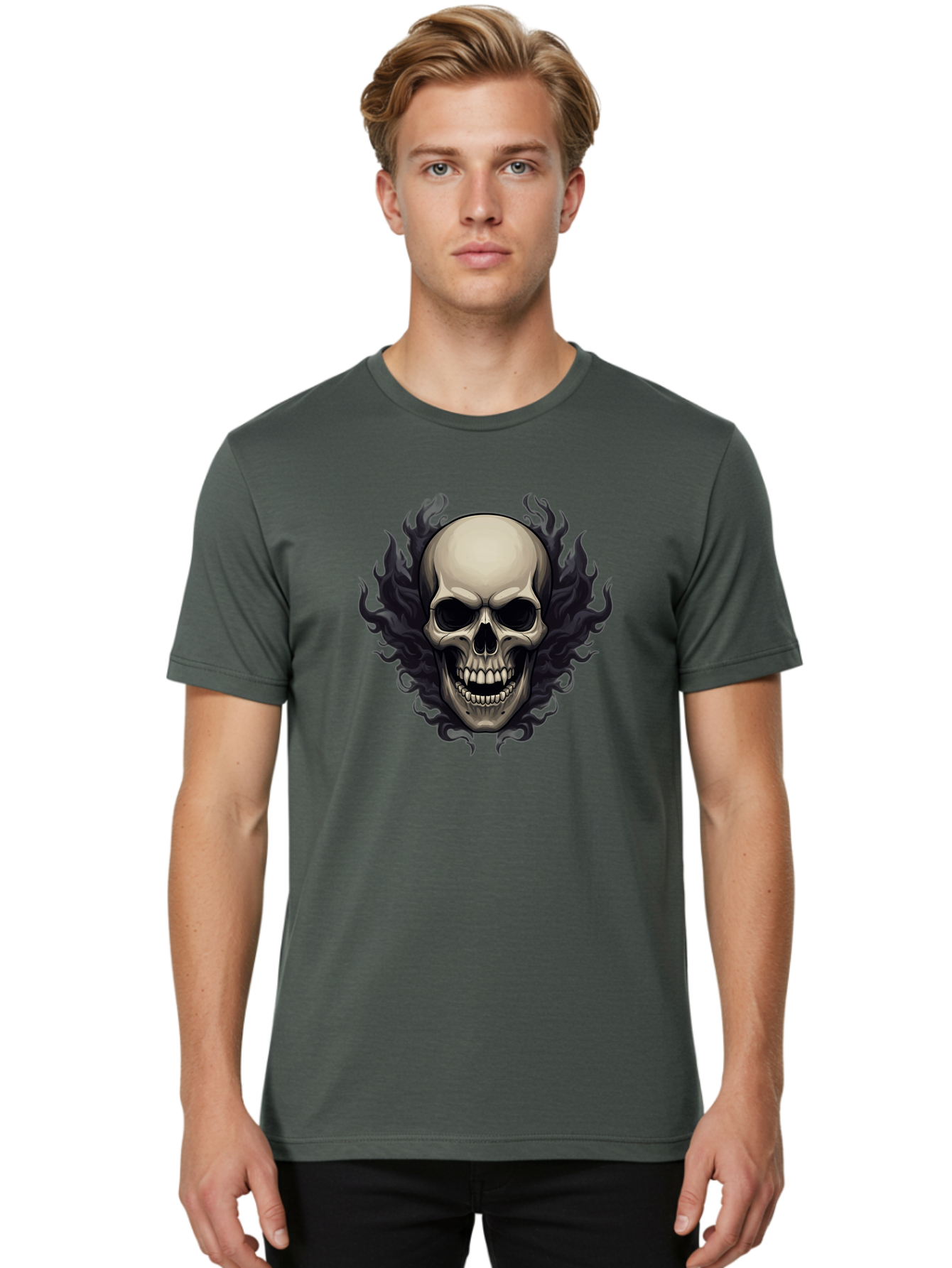 Flaming-Skull Men'S Graphic Tee, 100% Cotton, Comfortable Casual Summer Wear, Machine Washable, Skull With Flames, Grunge Style, Gothic Graphic, Horror Theme, Dark Art, Punk Rock, Edgy Design, Bold Imagery, Fiery Skull, Intense Graphics Bad101 18