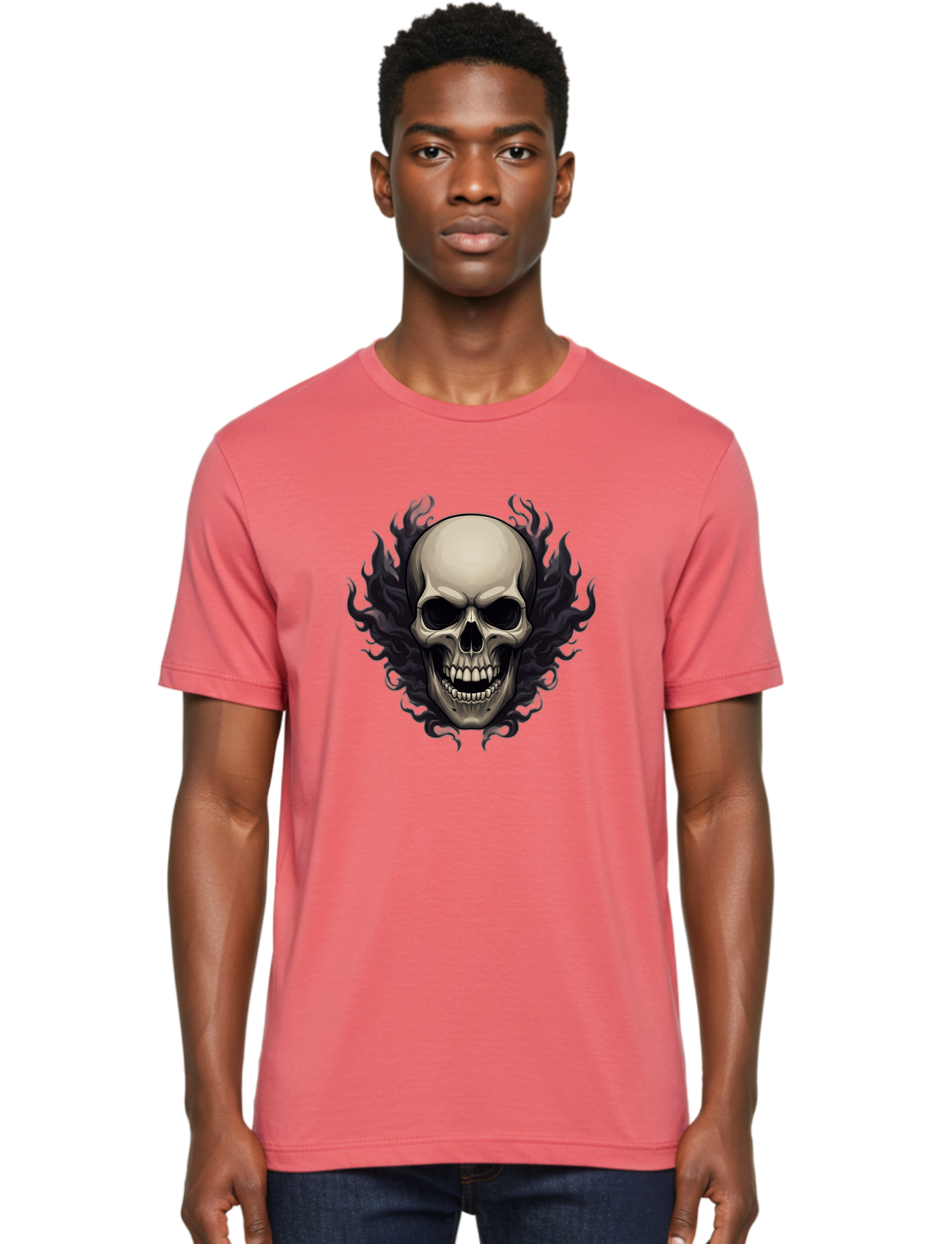 Flaming-Skull Men'S Graphic Tee, 100% Cotton, Comfortable Casual Summer Wear, Machine Washable, Skull With Flames, Grunge Style, Gothic Graphic, Horror Theme, Dark Art, Punk Rock, Edgy Design, Bold Imagery, Fiery Skull, Intense Graphics Bad101 24