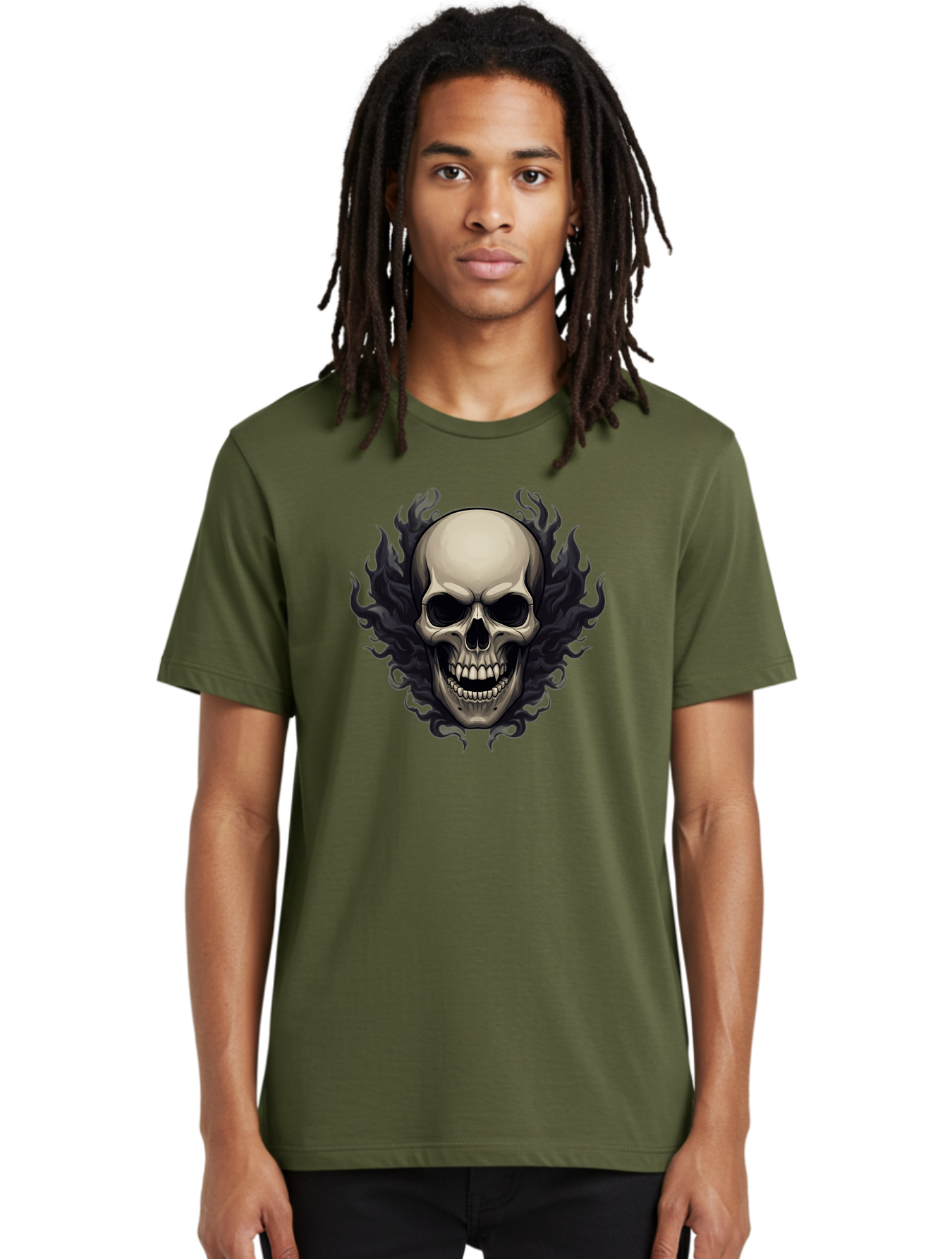 Flaming-Skull Men'S Graphic Tee, 100% Cotton, Comfortable Casual Summer Wear, Machine Washable, Skull With Flames, Grunge Style, Gothic Graphic, Horror Theme, Dark Art, Punk Rock, Edgy Design, Bold Imagery, Fiery Skull, Intense Graphics Bad101 23