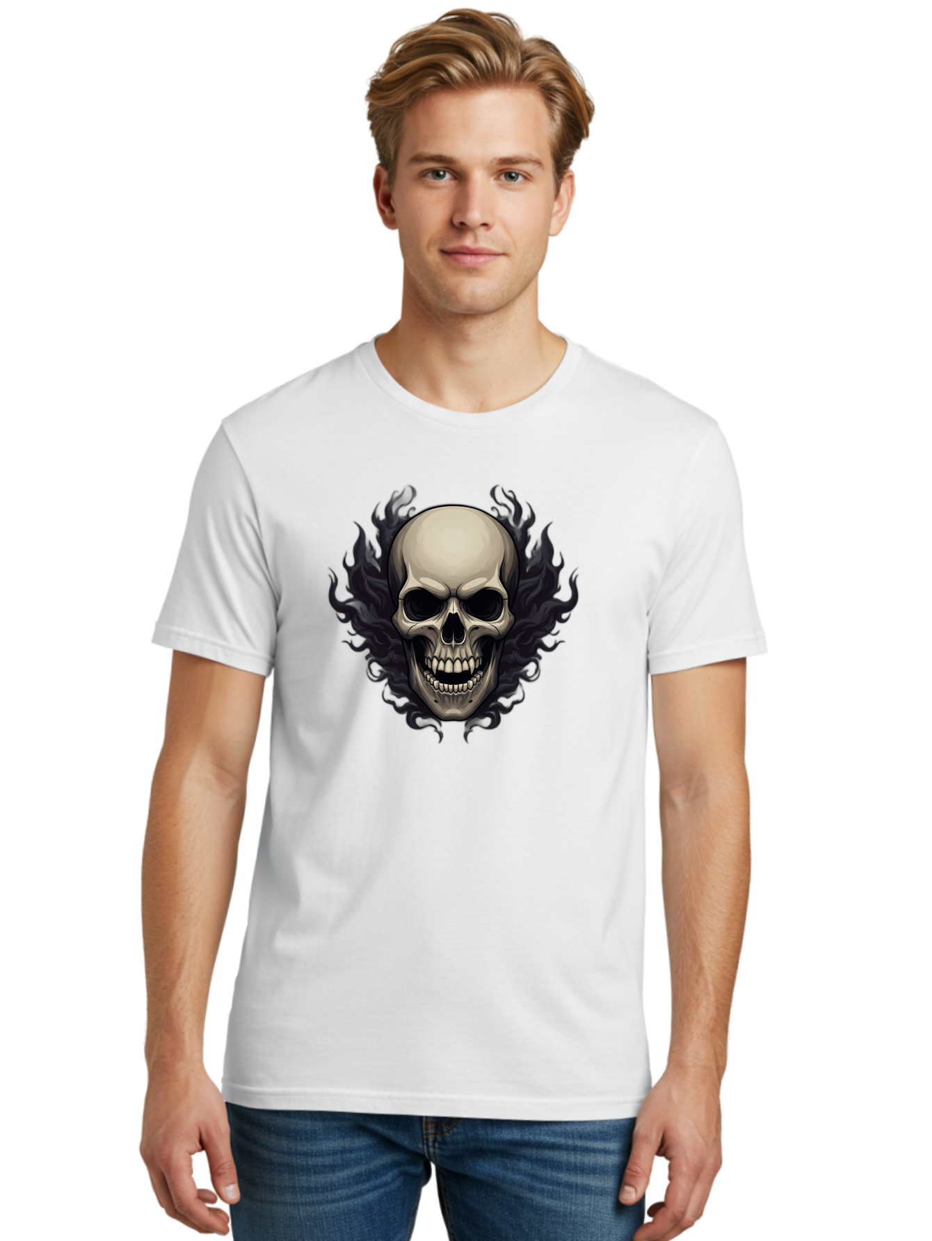 Flaming-Skull Men'S Graphic Tee, 100% Cotton, Comfortable Casual Summer Wear, Machine Washable, Skull With Flames, Grunge Style, Gothic Graphic, Horror Theme, Dark Art, Punk Rock, Edgy Design, Bold Imagery, Fiery Skull, Intense Graphics Bad101 21