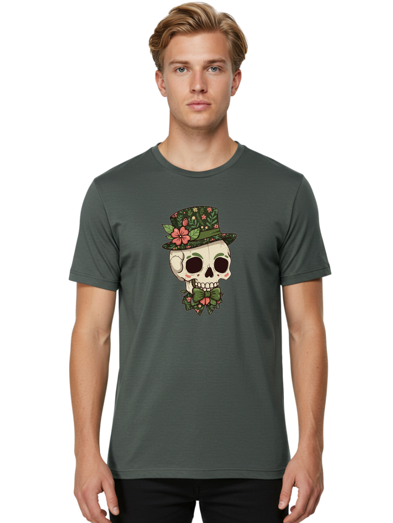 Floral-Skull Men'S Graphic Tee, 100% Cotton, Comfortable Casual Summer Wear, Machine Washable, Skull With Hat, Floral Pattern, Bow Tie, Sugar Skull, Day Of The Dead, Gothic Chic, Floral Accessories, Vintage Style Bad106 25