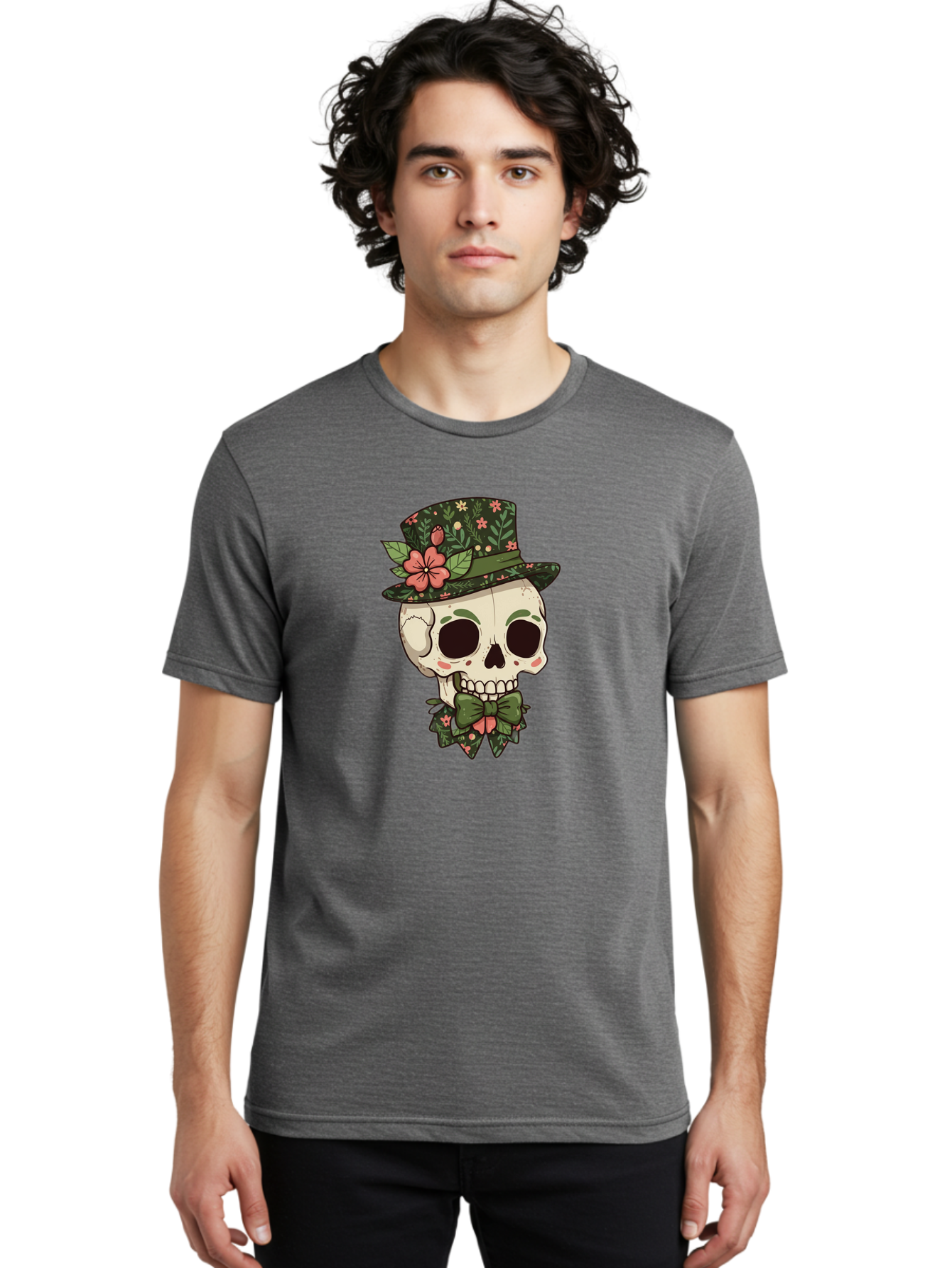 Floral-Skull Men'S Graphic Tee, 100% Cotton, Comfortable Casual Summer Wear, Machine Washable, Skull With Hat, Floral Pattern, Bow Tie, Sugar Skull, Day Of The Dead, Gothic Chic, Floral Accessories, Vintage Style Bad106 26