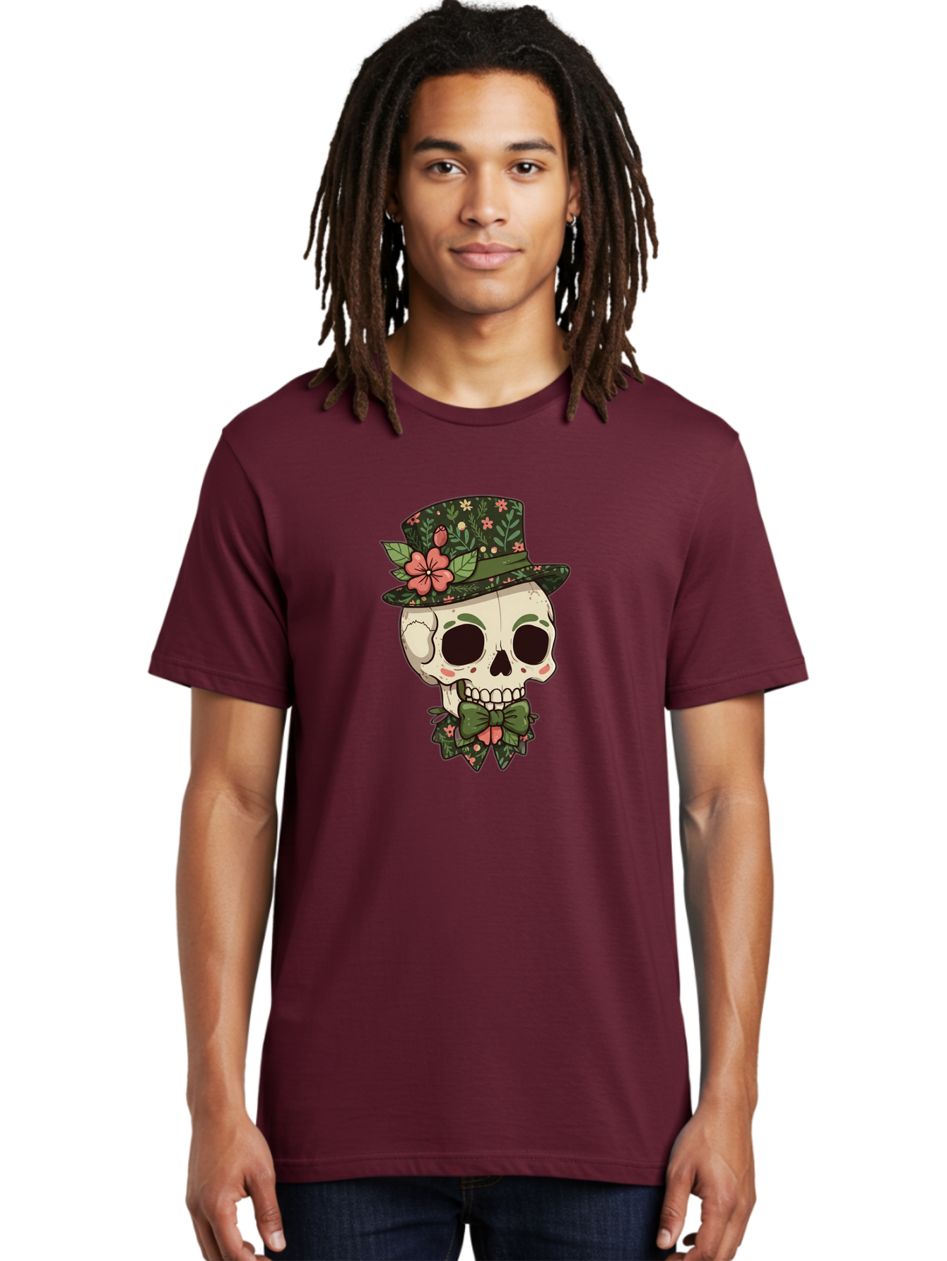 Floral-Skull Men'S Graphic Tee, 100% Cotton, Comfortable Casual Summer Wear, Machine Washable, Skull With Hat, Floral Pattern, Bow Tie, Sugar Skull, Day Of The Dead, Gothic Chic, Floral Accessories, Vintage Style Bad106 21