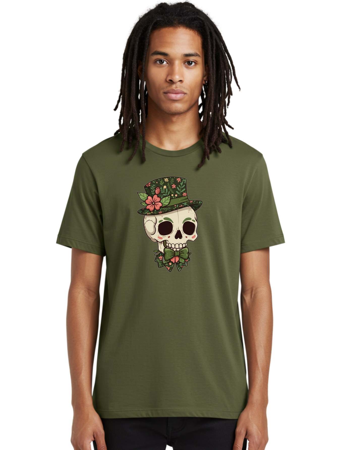 Floral-Skull Men'S Graphic Tee, 100% Cotton, Comfortable Casual Summer Wear, Machine Washable, Skull With Hat, Floral Pattern, Bow Tie, Sugar Skull, Day Of The Dead, Gothic Chic, Floral Accessories, Vintage Style Bad106 30