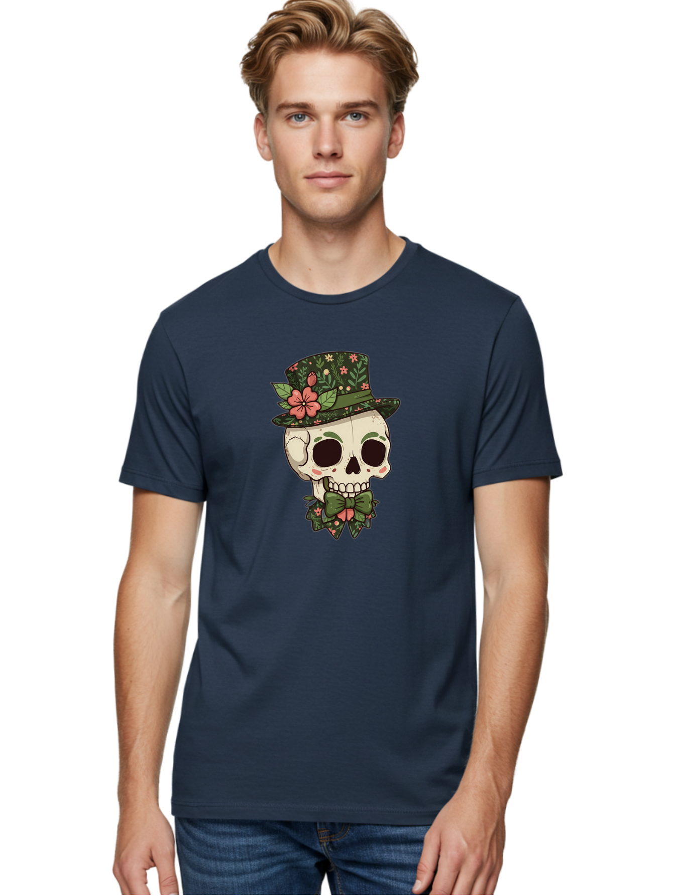 Floral-Skull Men'S Graphic Tee, 100% Cotton, Comfortable Casual Summer Wear, Machine Washable, Skull With Hat, Floral Pattern, Bow Tie, Sugar Skull, Day Of The Dead, Gothic Chic, Floral Accessories, Vintage Style Bad106 20