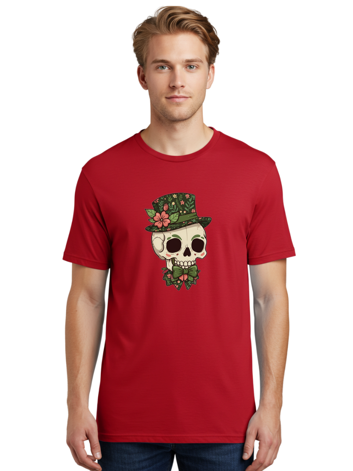 Floral-Skull Men'S Graphic Tee, 100% Cotton, Comfortable Casual Summer Wear, Machine Washable, Skull With Hat, Floral Pattern, Bow Tie, Sugar Skull, Day Of The Dead, Gothic Chic, Floral Accessories, Vintage Style Bad106 24