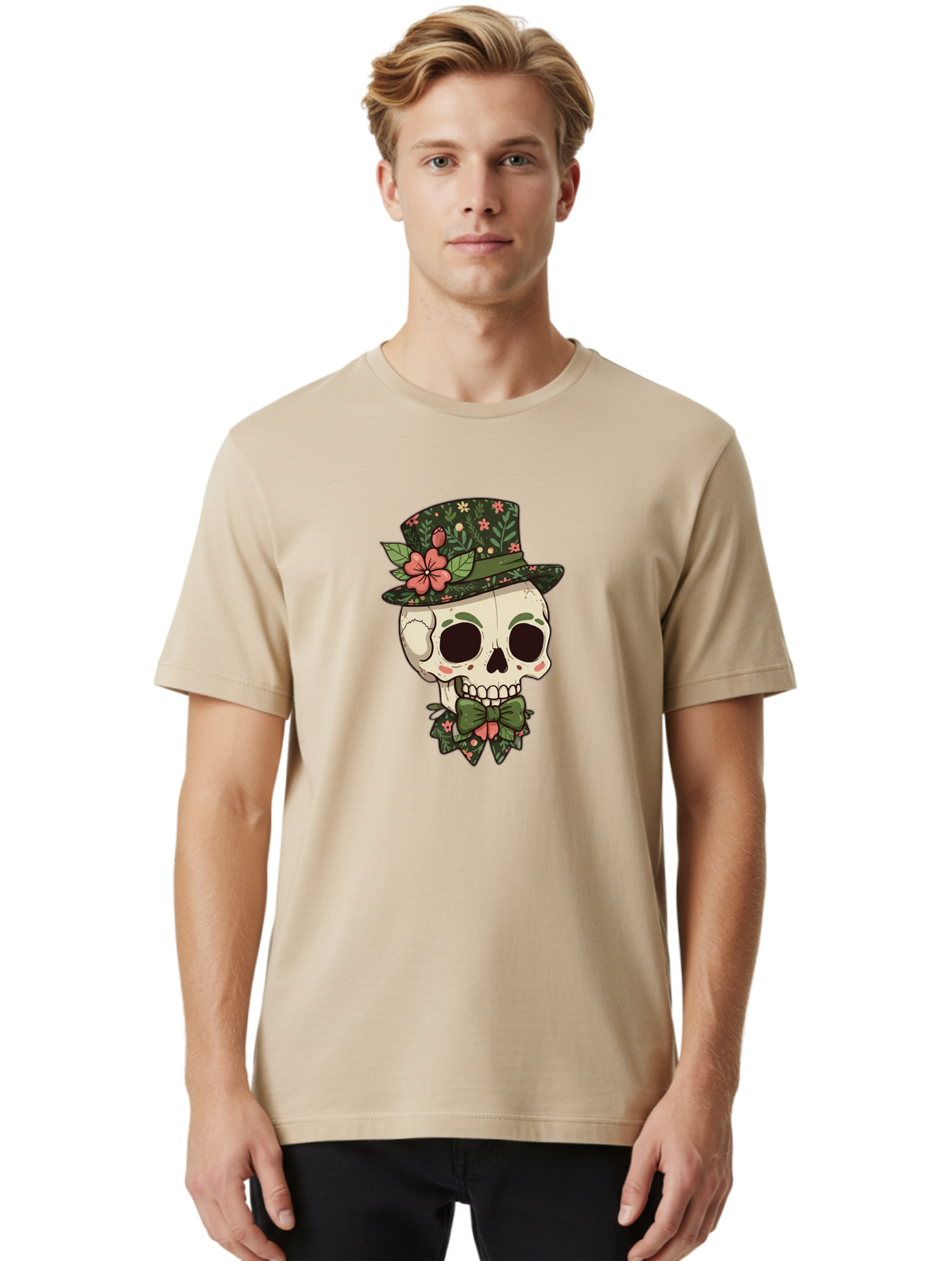 Floral-Skull Men'S Graphic Tee, 100% Cotton, Comfortable Casual Summer Wear, Machine Washable, Skull With Hat, Floral Pattern, Bow Tie, Sugar Skull, Day Of The Dead, Gothic Chic, Floral Accessories, Vintage Style Bad106 19
