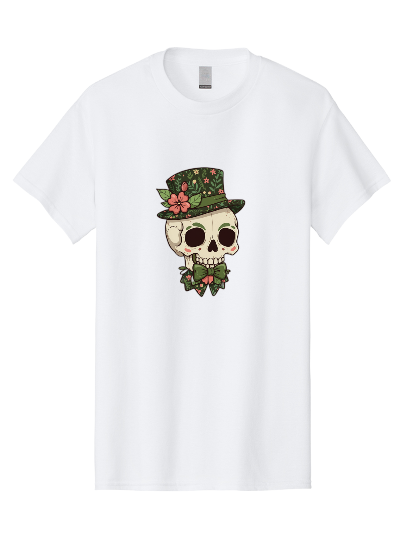 Floral-Skull Men'S Graphic Tee, 100% Cotton, Comfortable Casual Summer Wear, Machine Washable, Skull With Hat, Floral Pattern, Bow Tie, Sugar Skull, Day Of The Dead, Gothic Chic, Floral Accessories, Vintage Style Bad106 1