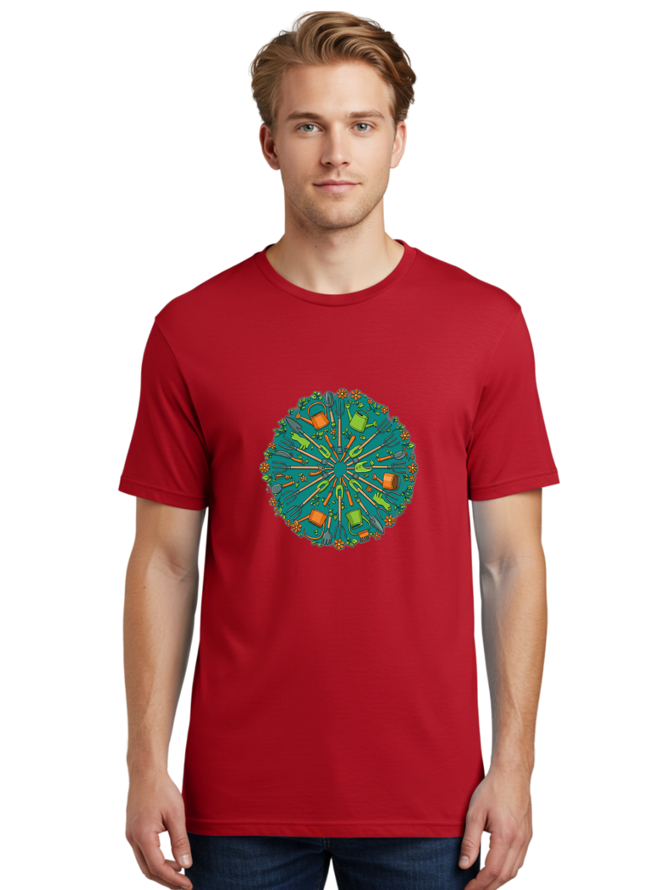 Gardening-Tools-Mandala Men'S Graphic Tee, 100% Cotton, Comfortable Casual Summer Wear, Machine Washable, Gardening Tools, Gardening Equipment, Watering Cans, Rakes, Shovels, Trowels, Gloves, Flower Arrangements, Garden Decor, Bad119 20