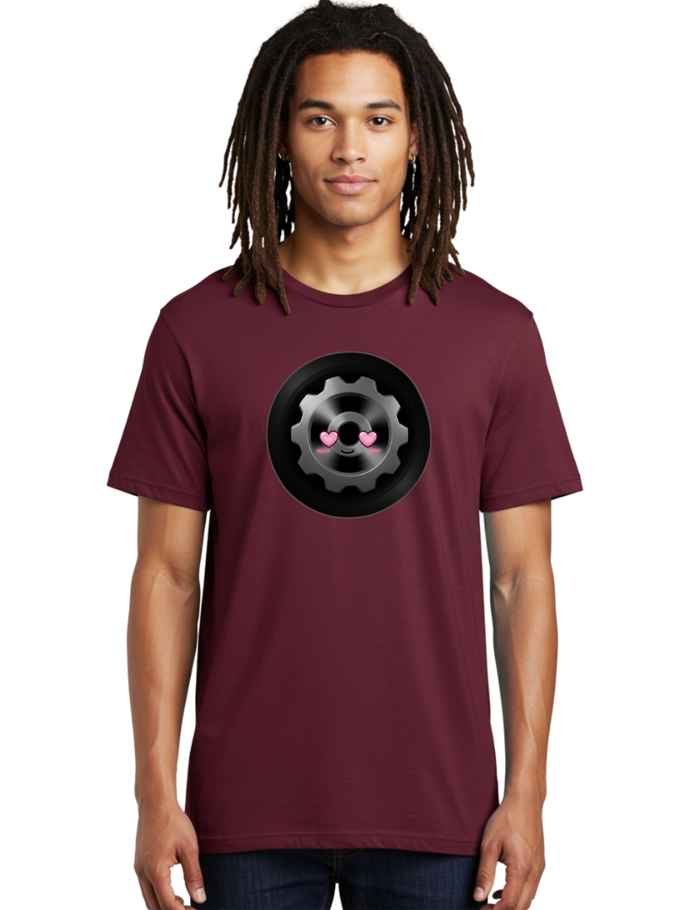Gear Men'S Graphic Tee, 100% Cotton, Comfortable Casual Summer Wear, Machine Washable, Metal Gear, Heart Eyes, Love Symbol, Romantic Machinery, Cute Robotics, Heart-Shaped Eyes, Mechanical Love, Tech Emoticon Bad126 27
