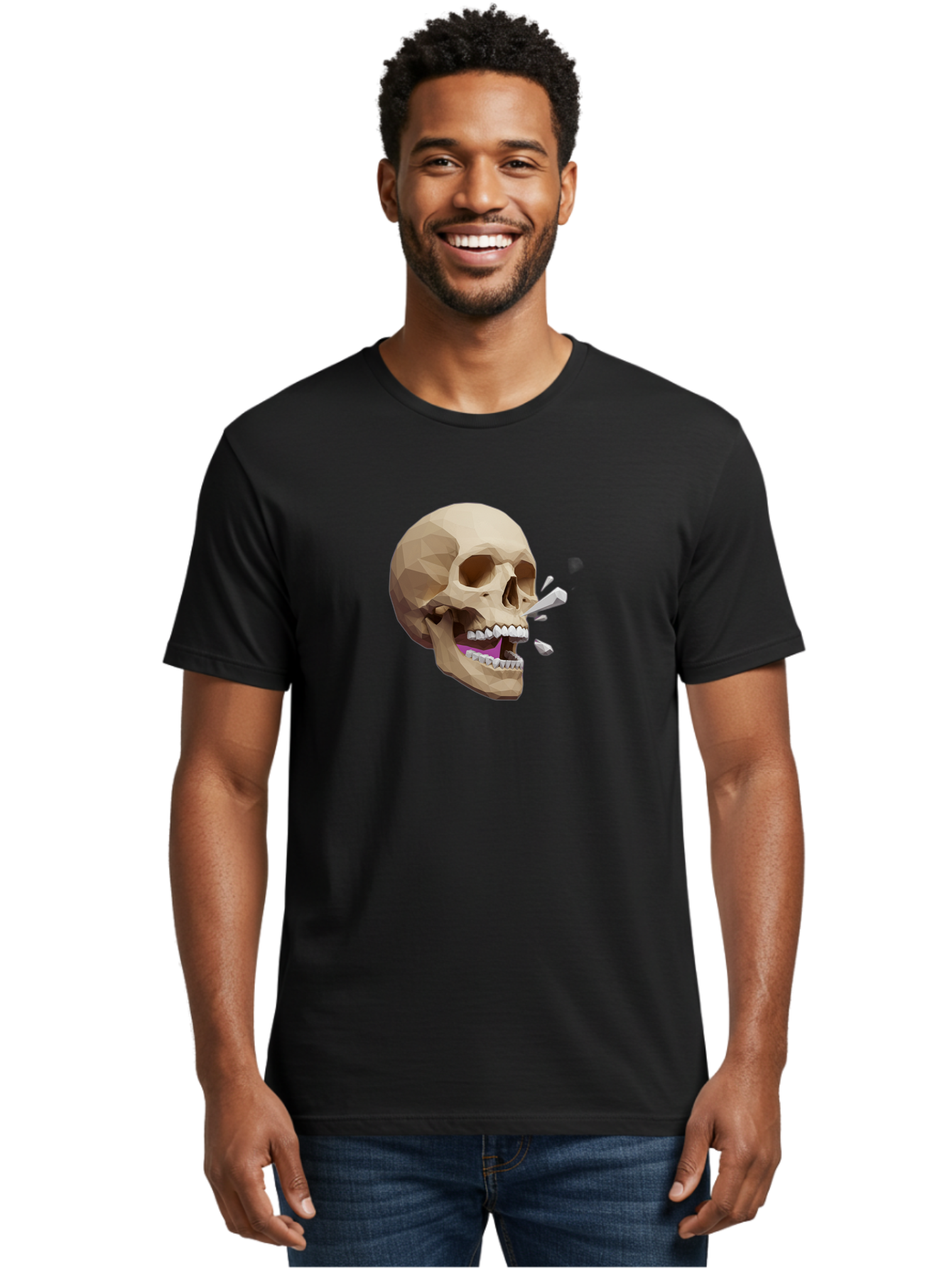 Geometric-Skull Men'S Graphic Tee, 100% Cotton, Comfortable Casual Summer Wear, Machine Washable, Low Poly Skull, 3D Art, Digital Illustration, Broken Tooth, Exploding Tooth, Human Skull, Anatomical Art, Polygon Art, Modern Design, Bad132 26