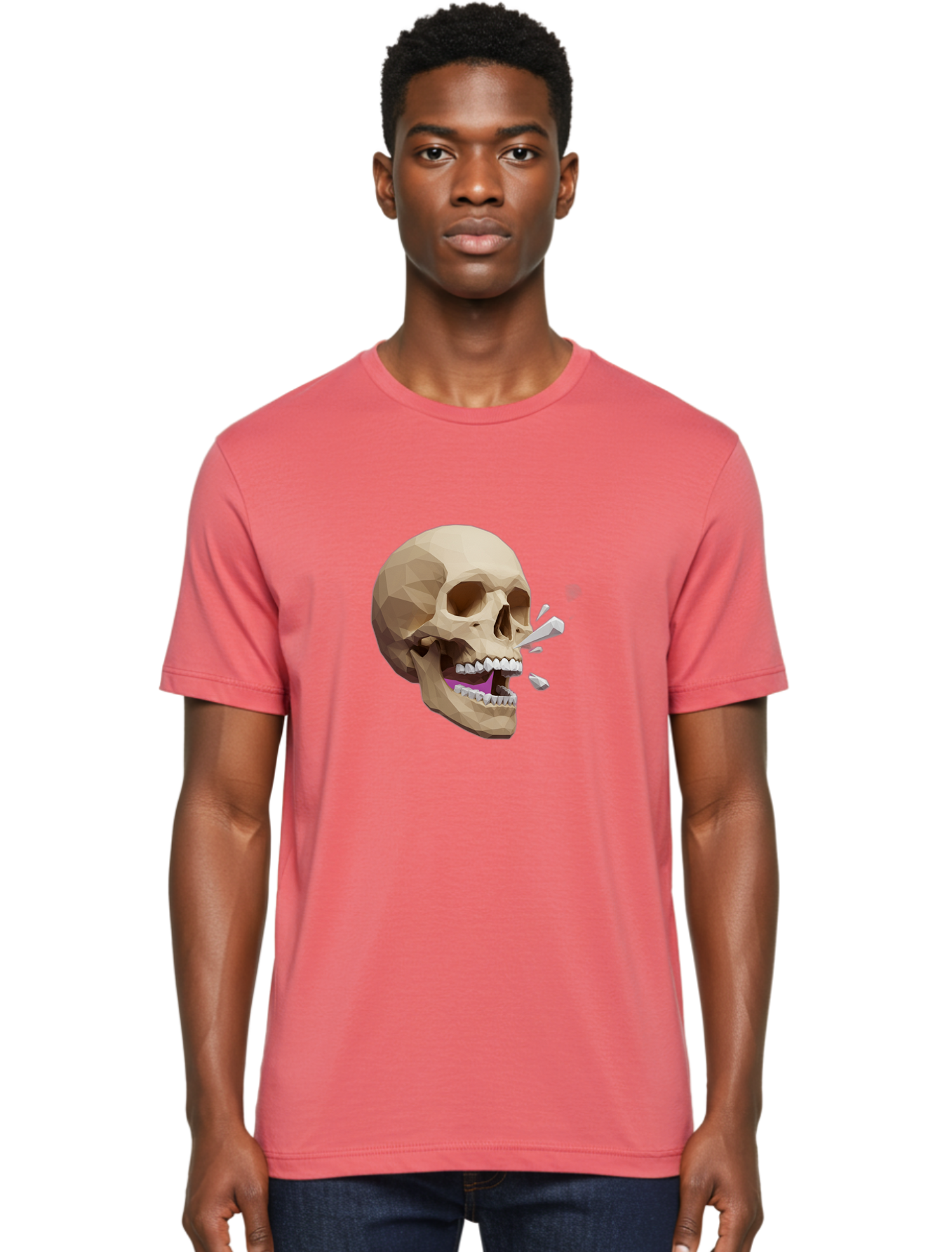 Geometric-Skull Men'S Graphic Tee, 100% Cotton, Comfortable Casual Summer Wear, Machine Washable, Low Poly Skull, 3D Art, Digital Illustration, Broken Tooth, Exploding Tooth, Human Skull, Anatomical Art, Polygon Art, Modern Design, Bad132 24