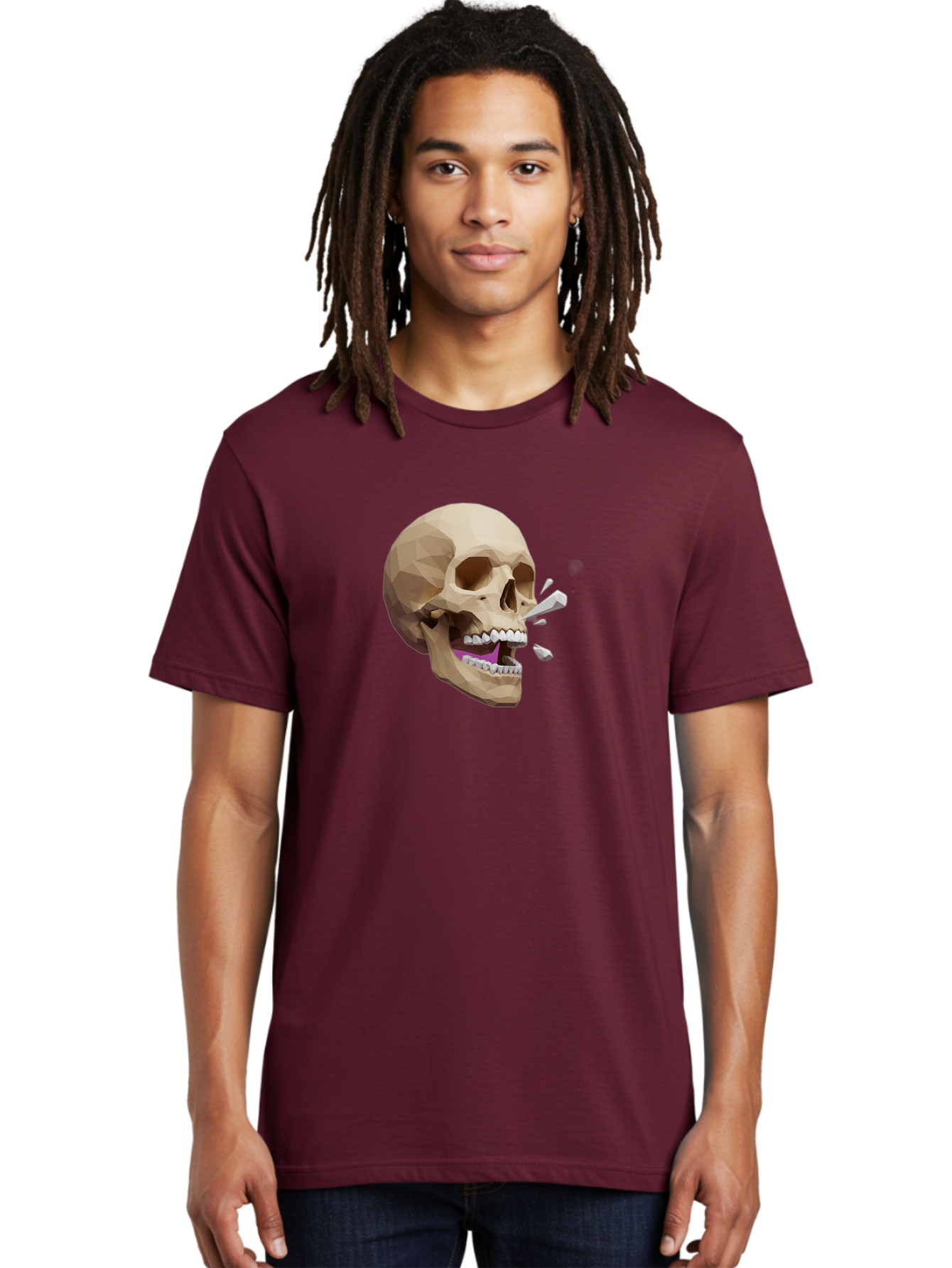 Geometric-Skull Men'S Graphic Tee, 100% Cotton, Comfortable Casual Summer Wear, Machine Washable, Low Poly Skull, 3D Art, Digital Illustration, Broken Tooth, Exploding Tooth, Human Skull, Anatomical Art, Polygon Art, Modern Design, Bad132 22