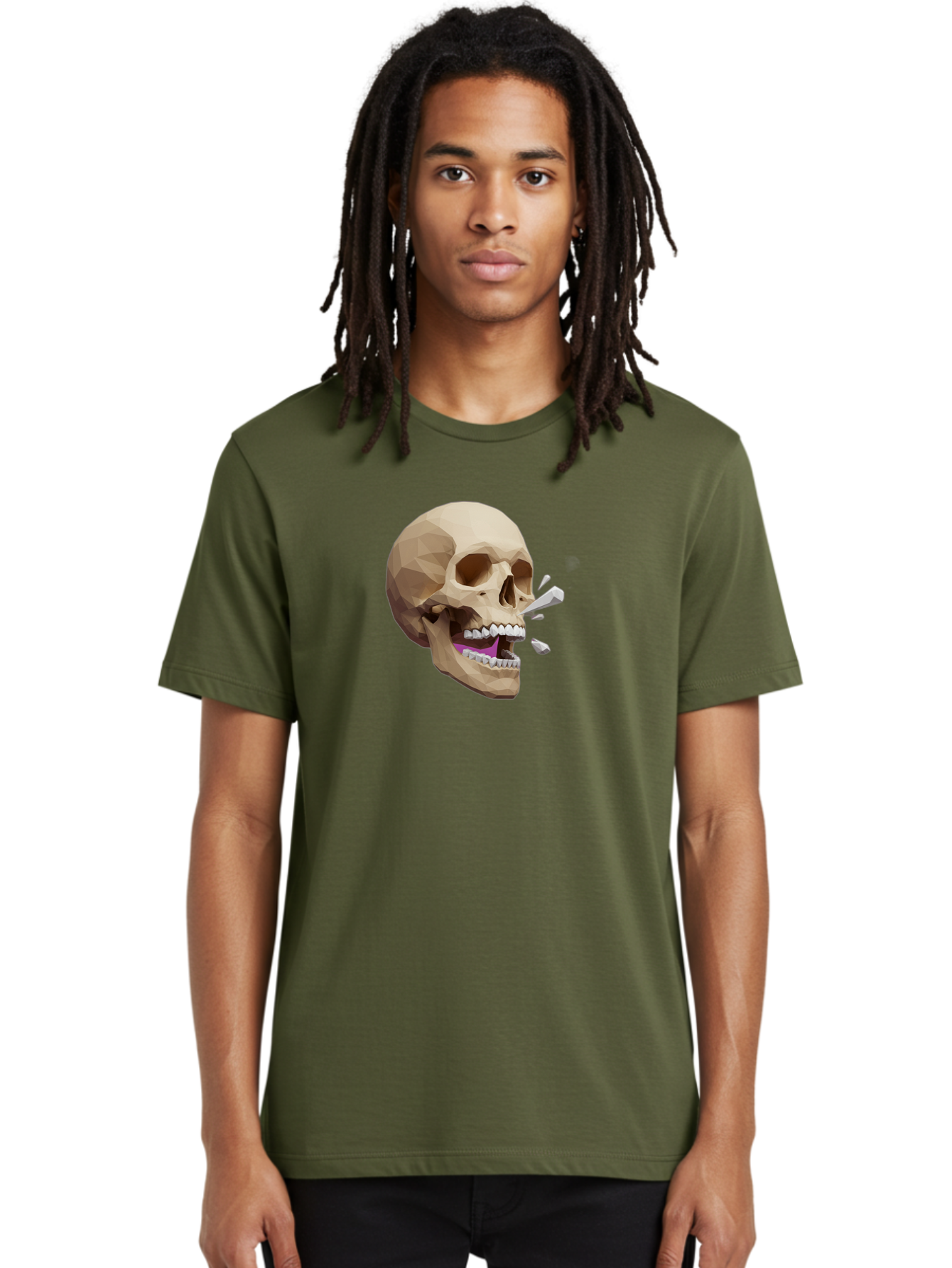 Geometric-Skull Men'S Graphic Tee, 100% Cotton, Comfortable Casual Summer Wear, Machine Washable, Low Poly Skull, 3D Art, Digital Illustration, Broken Tooth, Exploding Tooth, Human Skull, Anatomical Art, Polygon Art, Modern Design, Bad132 25